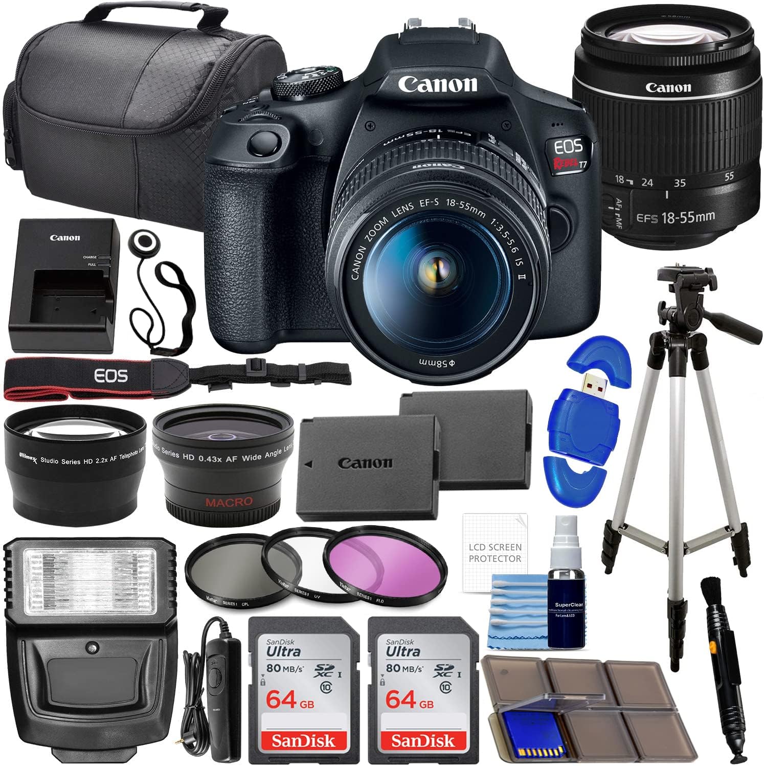 Kit Accessoires Pour Canon EOS 2000D / Rebel T7 Avec Objectif 18-55mm - Sac, Filtres UV/CPL/FLD, Pare-Soleil