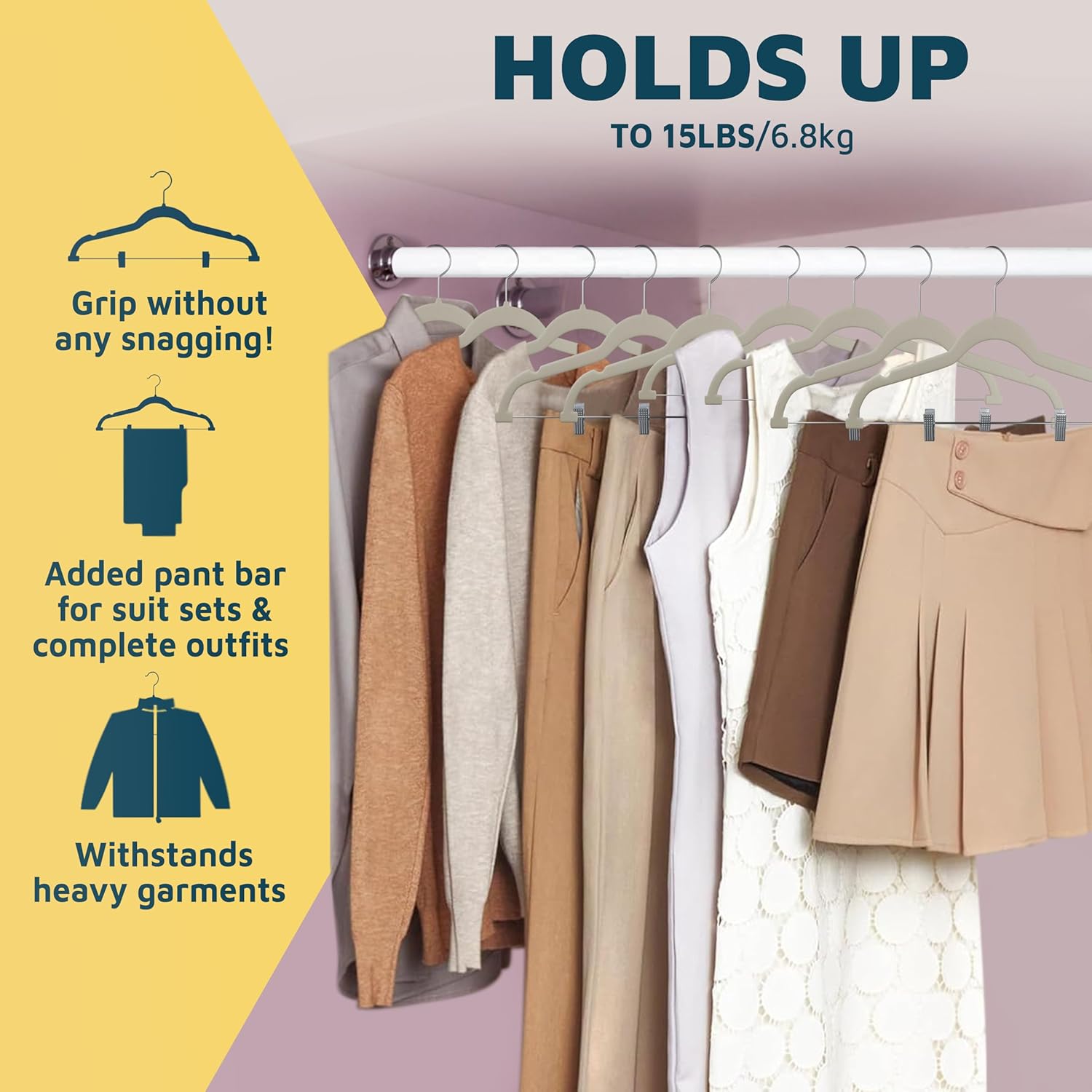 Lifemaster Velvet Skirt Hangers – with Adjustable Clips, 360 Degree Swivel Hook, and Non-Slip Shoulder Notch, Holds Up to 10 lbs, for Organizing Skirt, Pants, Dress, and Clothes, Pack of 30, Ivory