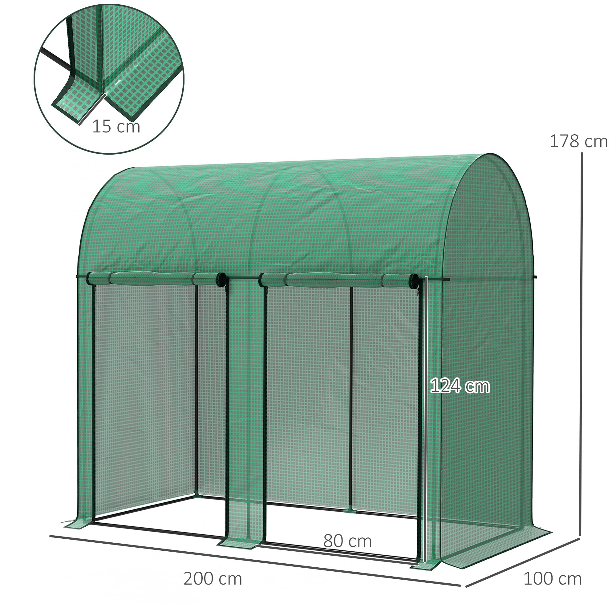 Outsunny Invernadero de Exterior Invernadero de Jardín con 2 Puertas Enrollables con Cremallera Marco de Acero y Cubierta de PE 140g/m² Anti-UV Impermeable para Plantas Flores 200x100x178 cm Verde