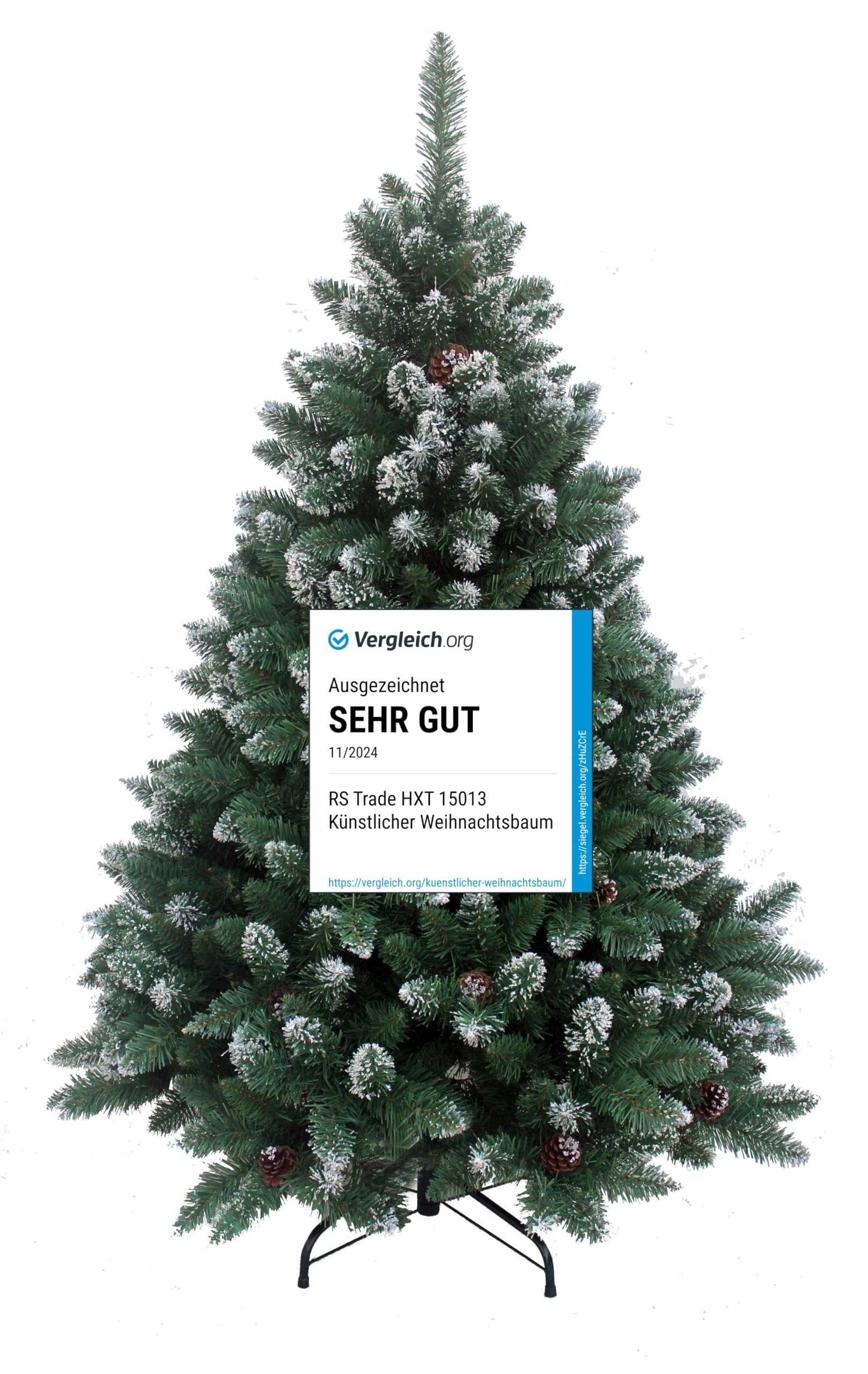 RS Trade exclusive 180 cm-6 feet PVC artificial christmas tree with snow and pine cones, flame resistant, approx. 1095 tips, with metal stand, quick and easy build up (hinge system)