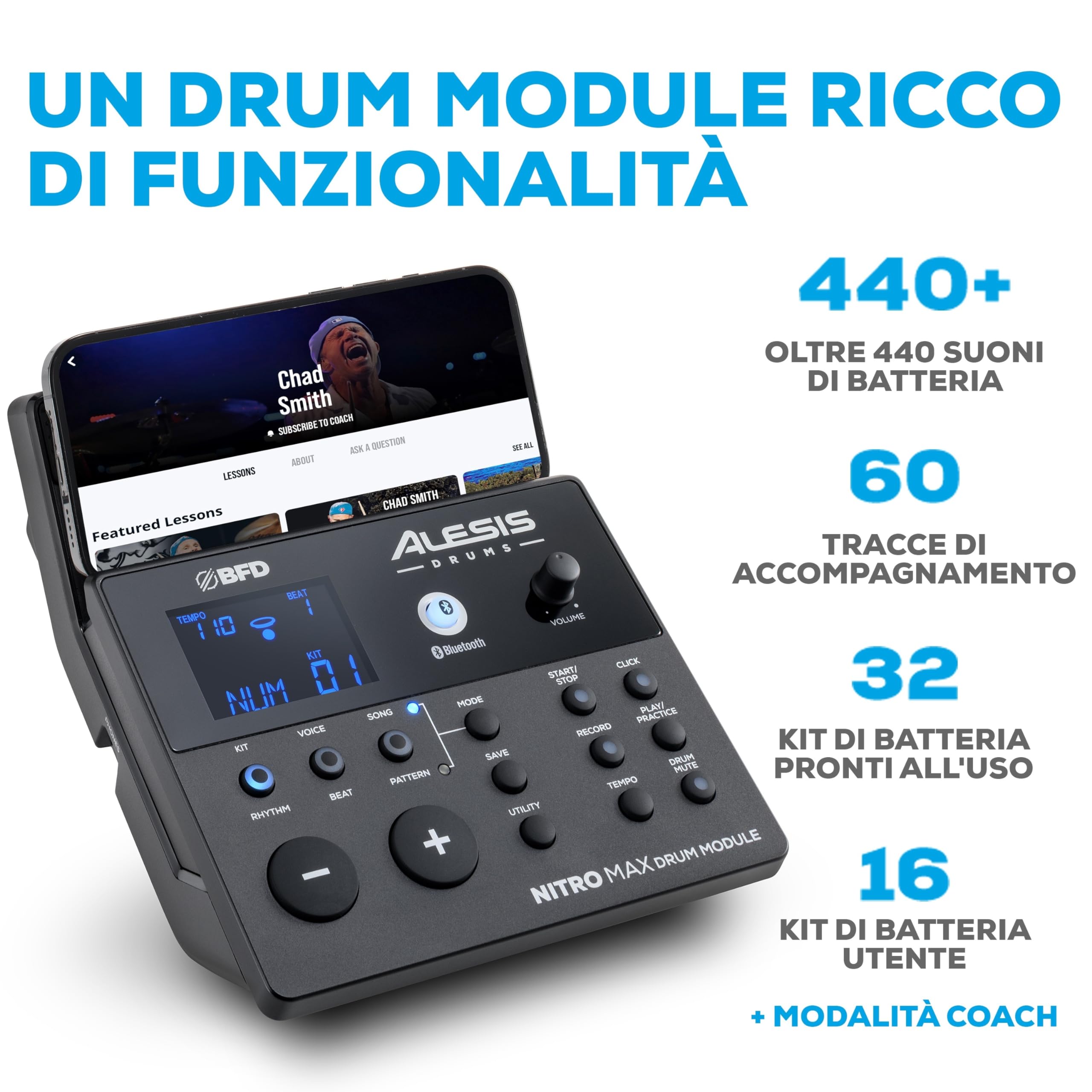 Alesis Nitro Max Batteria Elettronica con Pelli Mesh Silenziose, Rullante a Doppia Zona da 10", Bluetooth, 440+ Suoni Autentici, Drumeo, USB Midi, Pedale Grancassa, Sgabello e Cuffie