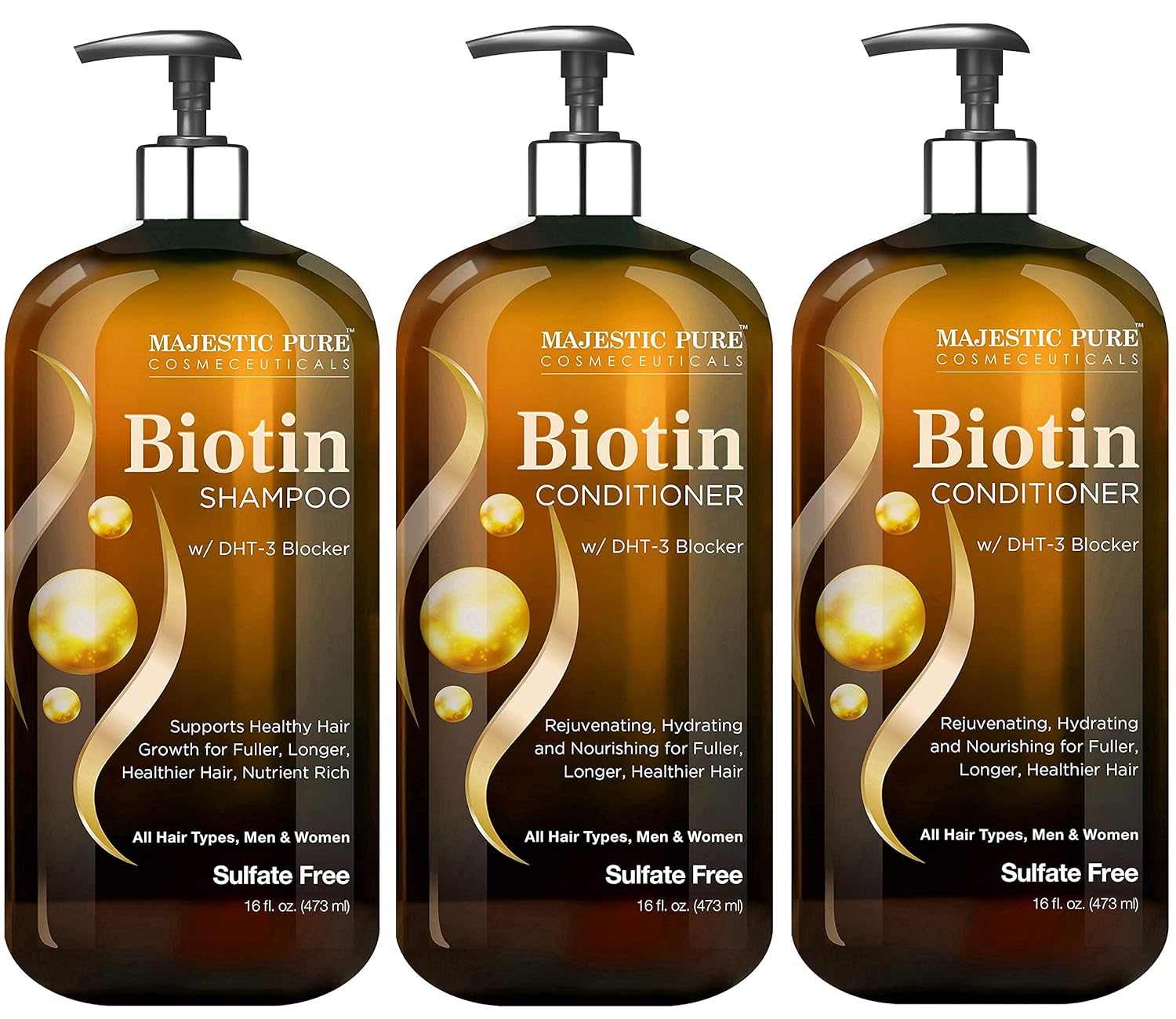 Majestic Pure Biotin with DHT Blocker Complex Shampoo & Conditioner Set (16 oz each) and Biotin Conditioner (16 oz) Bundle