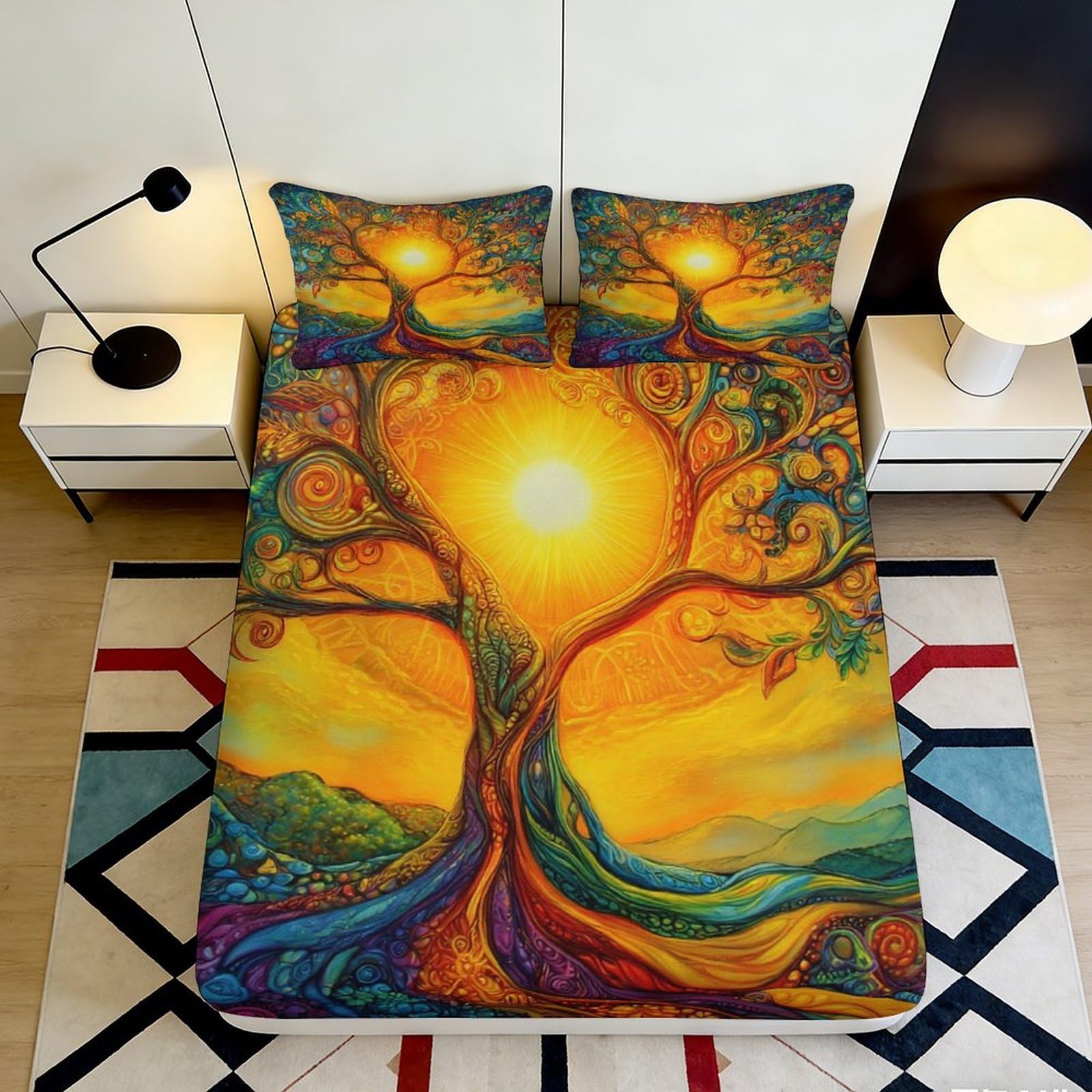 Sun Tree design Fitted Sheet for bedroom, 3D Printed, Microfiber soft touch, easy care, guest room bedding, wrinkle resistant, decorative, 115 characters 90x200x25cm