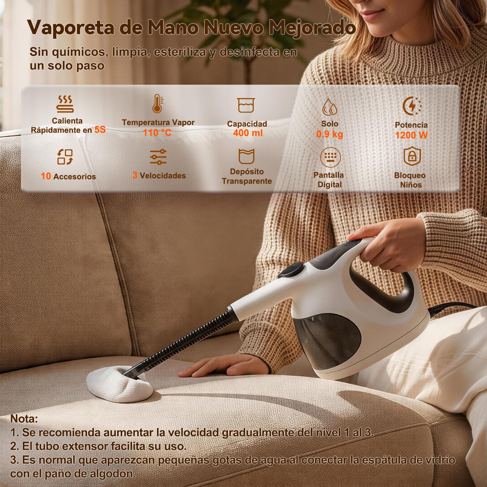 Vaporeta de Mano 400ML 10 Accesorios Calentamiento 5S 0.92kg Limpieza Hogar