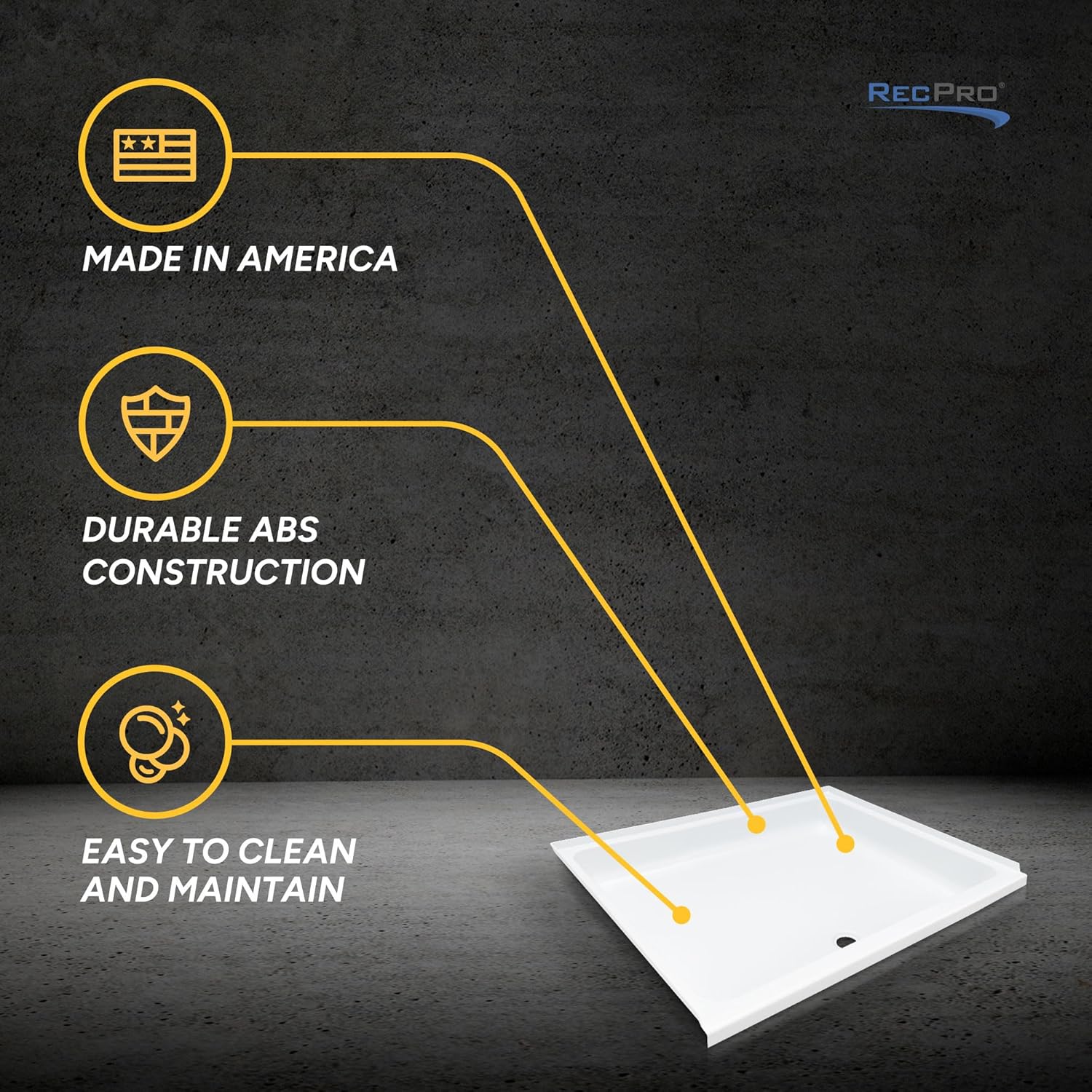RecPro RV Shower Pan | 30" x 36" | 2" Forward Center Drain | Foam Base | Slip-Resistant | ABS Plastic | Made in The USA
