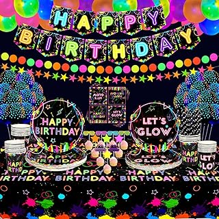 Glow Neon Party Supplies- Glow in The Dark Glow Happy Birthday Banner, Plates, Tablecloths, Cups, Napkins, Straws, Hanging Swirls, Neon Balloons, for Blacklight Party Decorations Serves 20