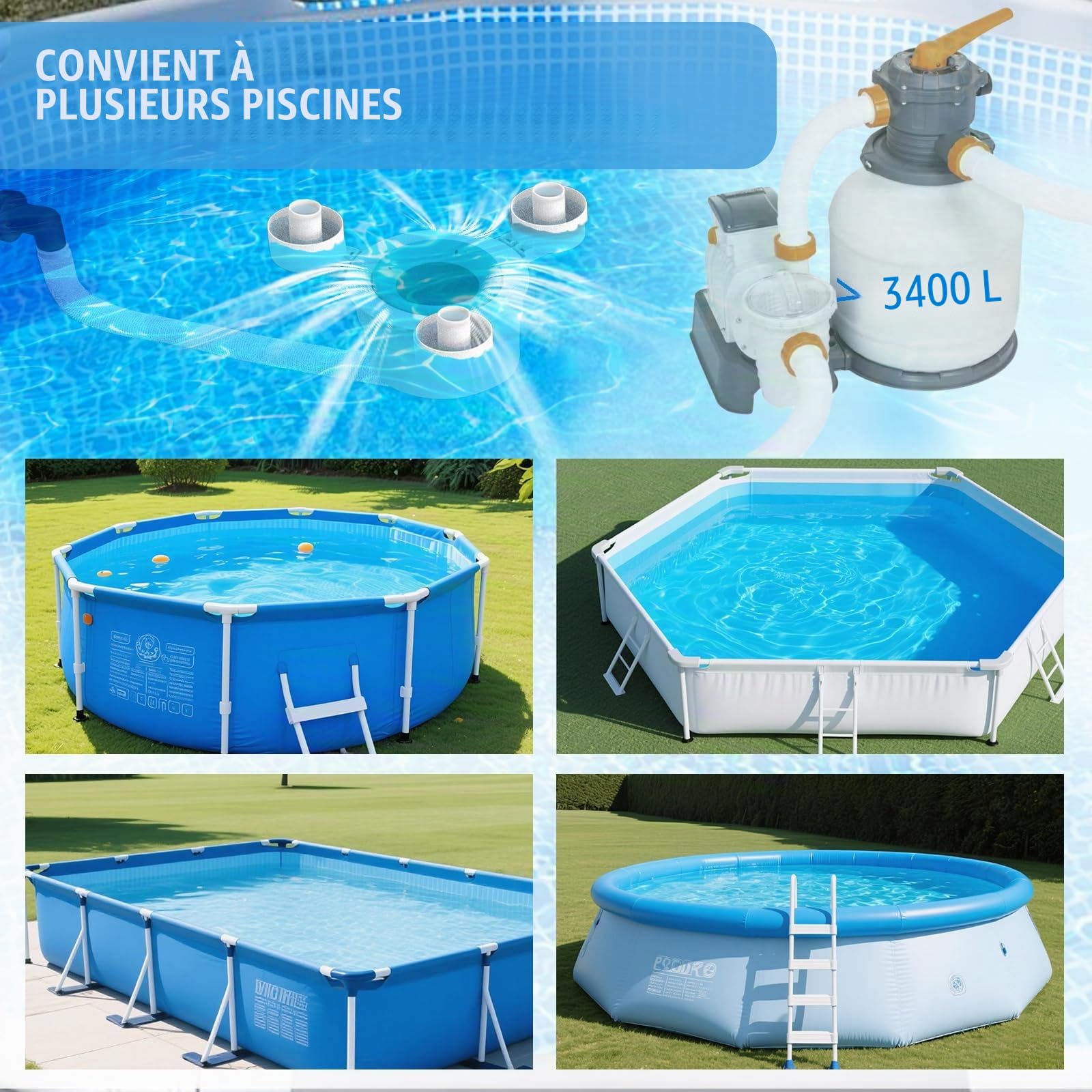 Above Ground Pool Skimmer,No Installation Required, no Adjustable Bracket Required,Comes with 10 Filter Socks, Tri-Float Spin Pool Skimmer,This is The Latest Upgrade.