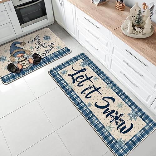 Miniatura 5 de Winter Gnome Let It Snow Kitchen Rugs Set of 2, Blue Plaid Polka Dot Snowflake Farmhouse Kitchen Mats Decor, Christmas Holiday Seasonal Floor Door