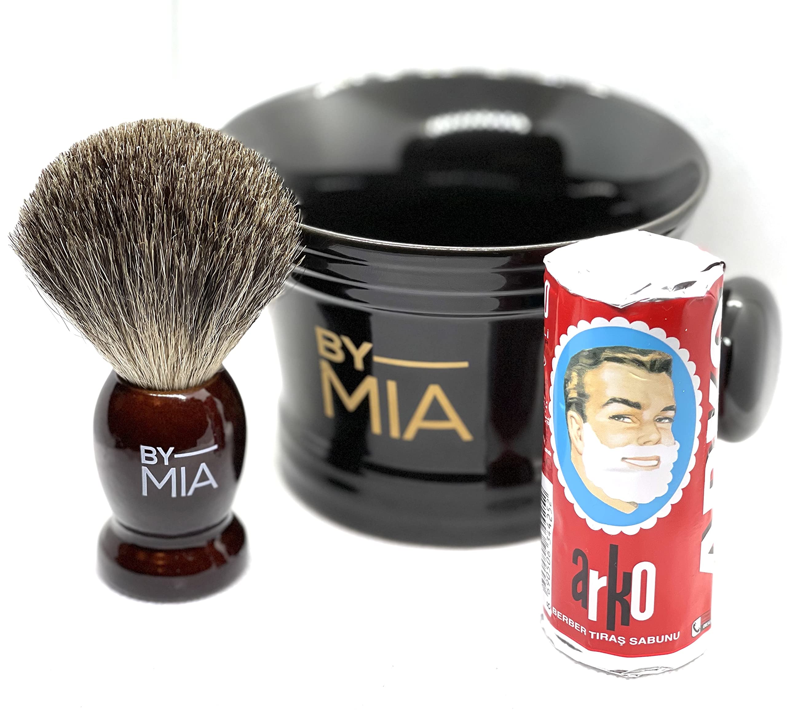 BY MIASet of Black Ceramic Shaving Mug, 100% Pure Badger Hair Shaving Wooden Handled Brush & Arko Shaving Cream Soap 75g