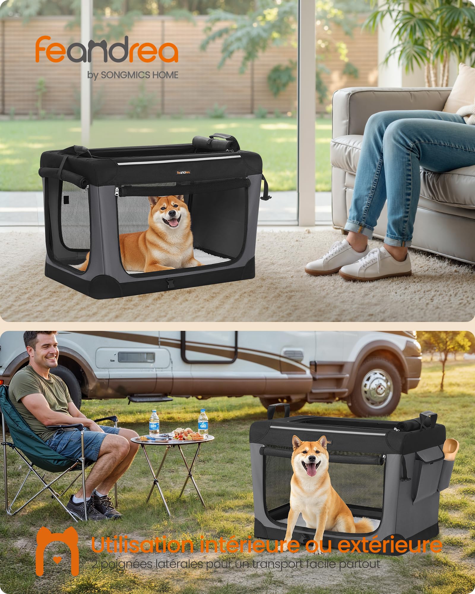 Feandrea Sac de Transport Chien, 76,2 cm Caisse Pliable Animaux de Compagnie, pour Chiens de Taille Moyenne, Tissu Oxford, Portes en Maille, Poignées, Poche de Rangement, Noir d'encre PDC017B01