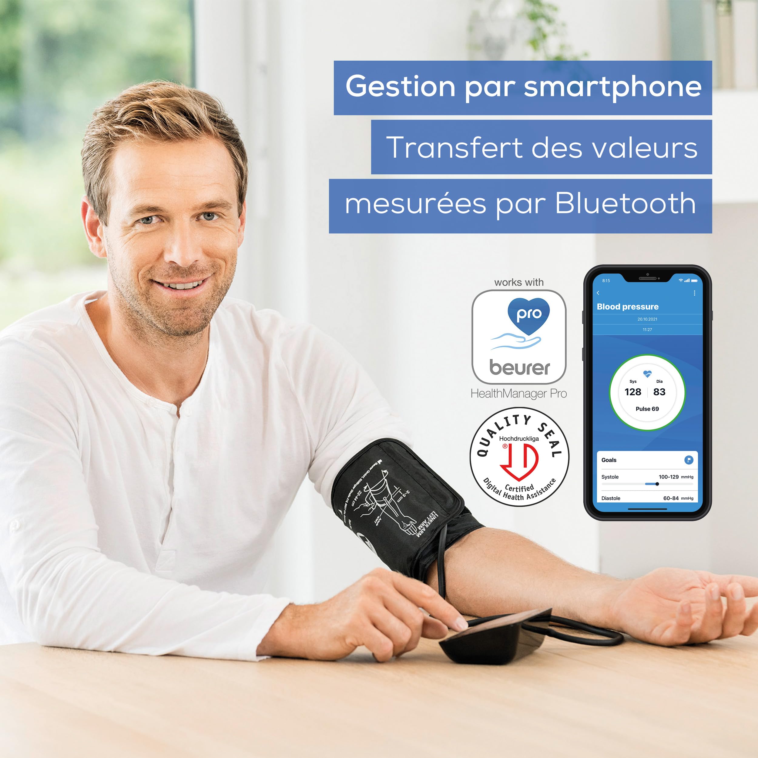 Beurer BM 54 Tensiomètre électronique au bras, détecteur d'arythmie cardiaque et hypertension, mesure la tension artérielle, facile à utiliser, Bluetooth et grand écran, brassard de 22 à 44 cm, Noir
