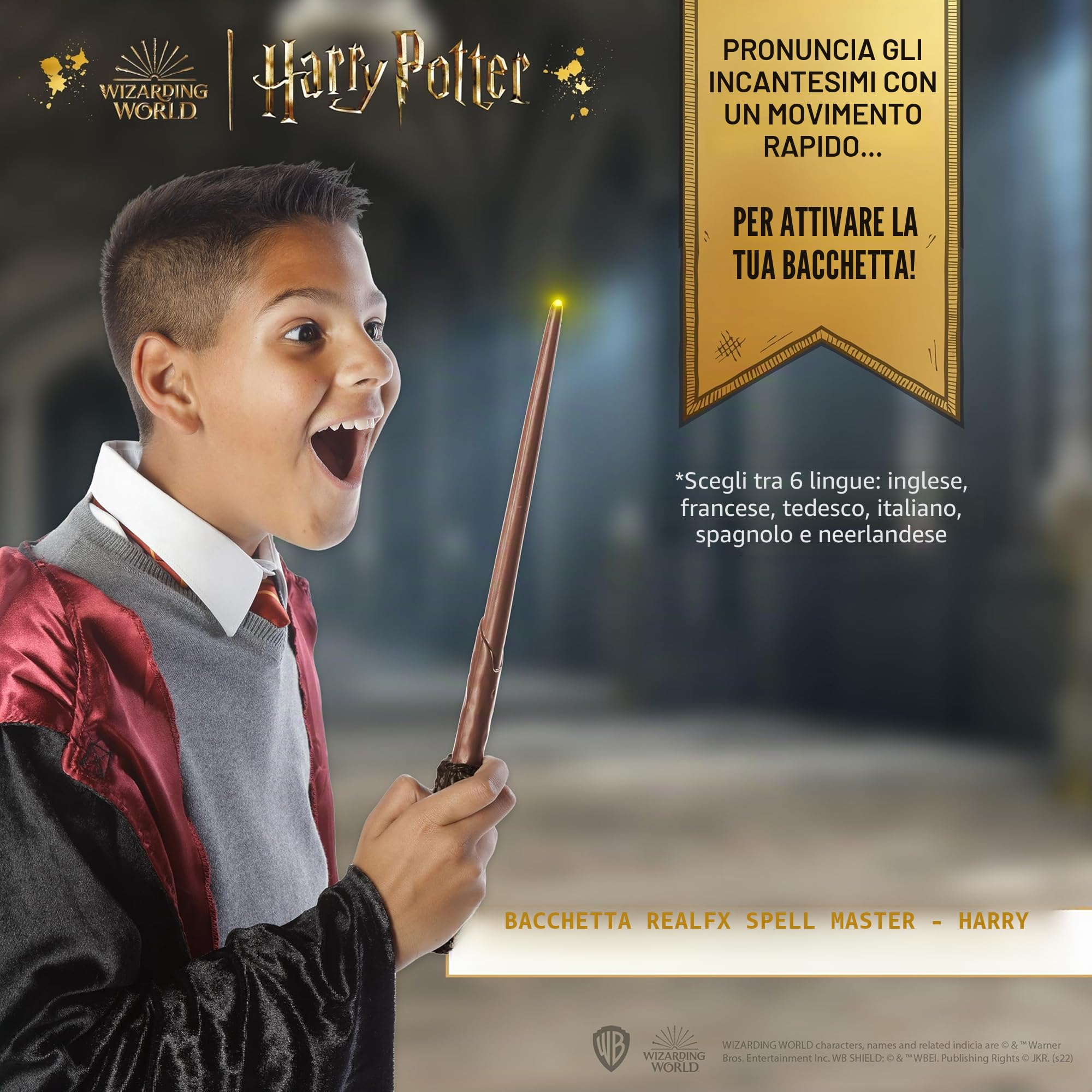 WOW STUFF Bacchetta luminosa e sonora ad attivazione vocale, regalo ufficiale di Harry Potter, accessori per travestimento e giocattoli del mondo magico