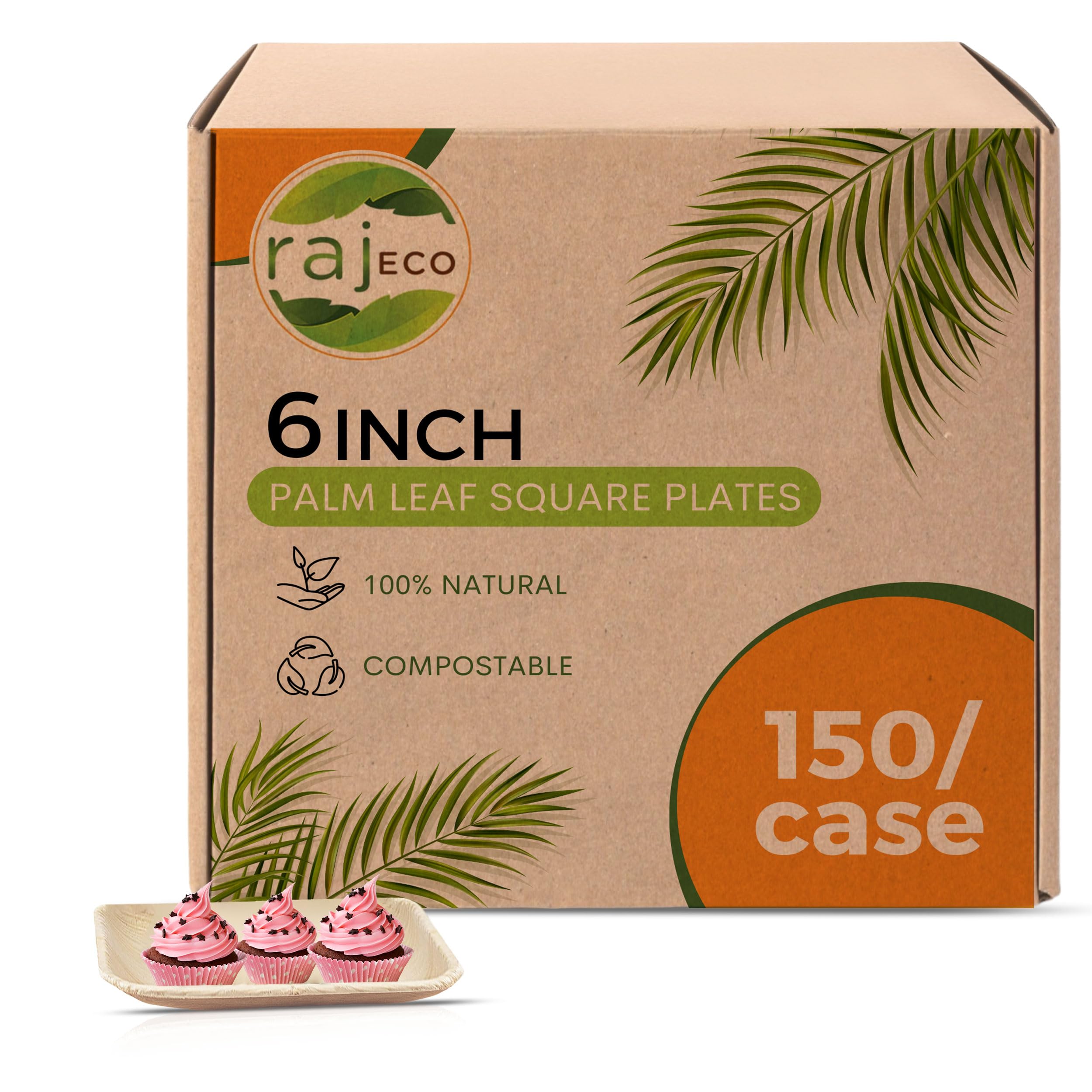 Raj Palm Leaf Plates [50-Pack] 6" Square Plates(3 CASES - 150 PACK) like Bamboo plates Disposable, Strong, Decorative Compostable Tableware for weddings, Lunch, Dinner, Birthday,Outdoor