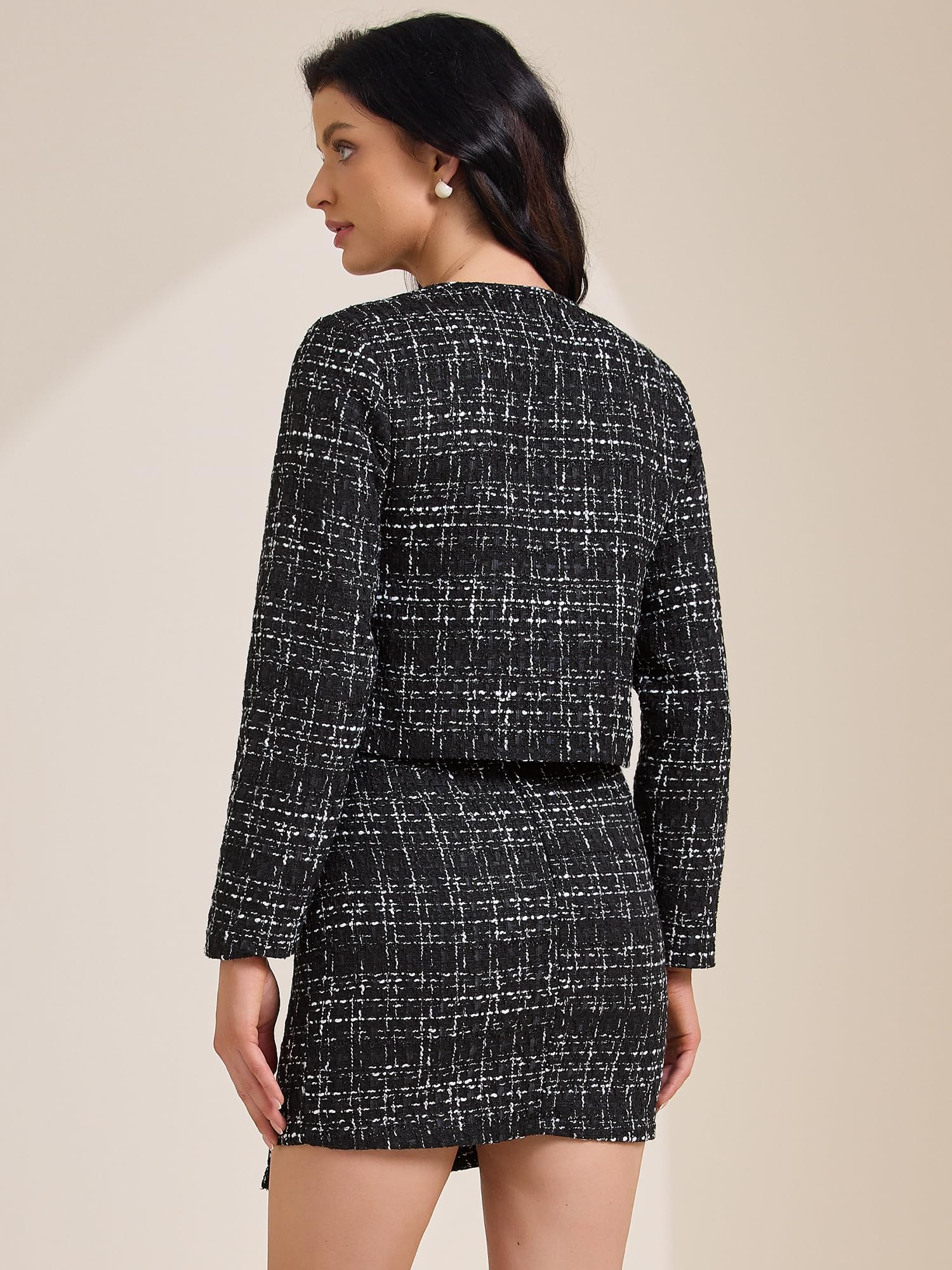 Allegra K Conjunto de falda de 2 piezas para mujer, chaqueta de tweed, chaqueta con botones, conjunto de minifalda, trajes casuales de negocios 2025