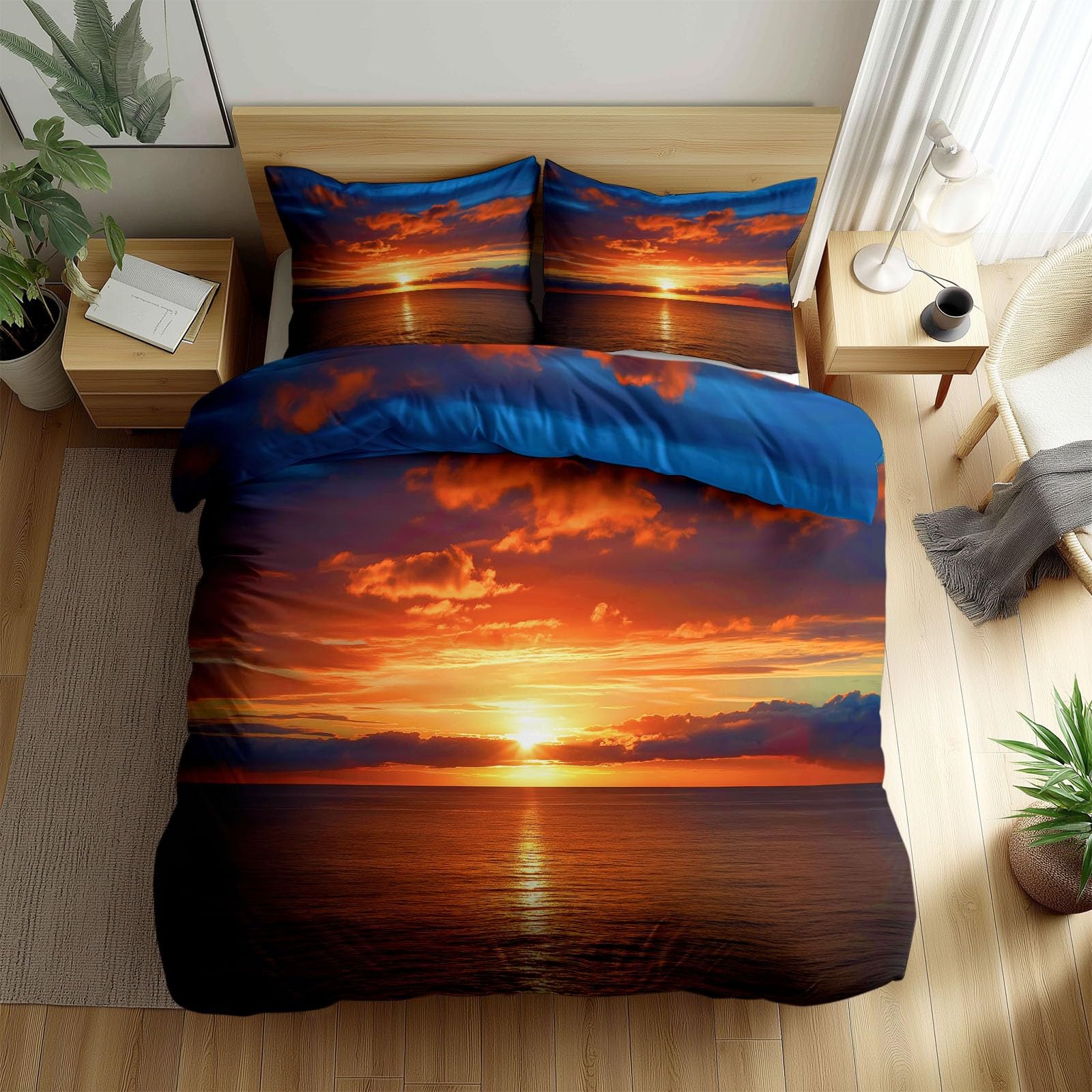 Pościel 240 x 220 cm, żółta pościel – dwustronny komplet pościeli z mikrofibry, poszewka na poduszkę z poszewką na poduszkę, nie wymaga prasowania i nie gniecie się, natura, zachód słońca, krajobraz