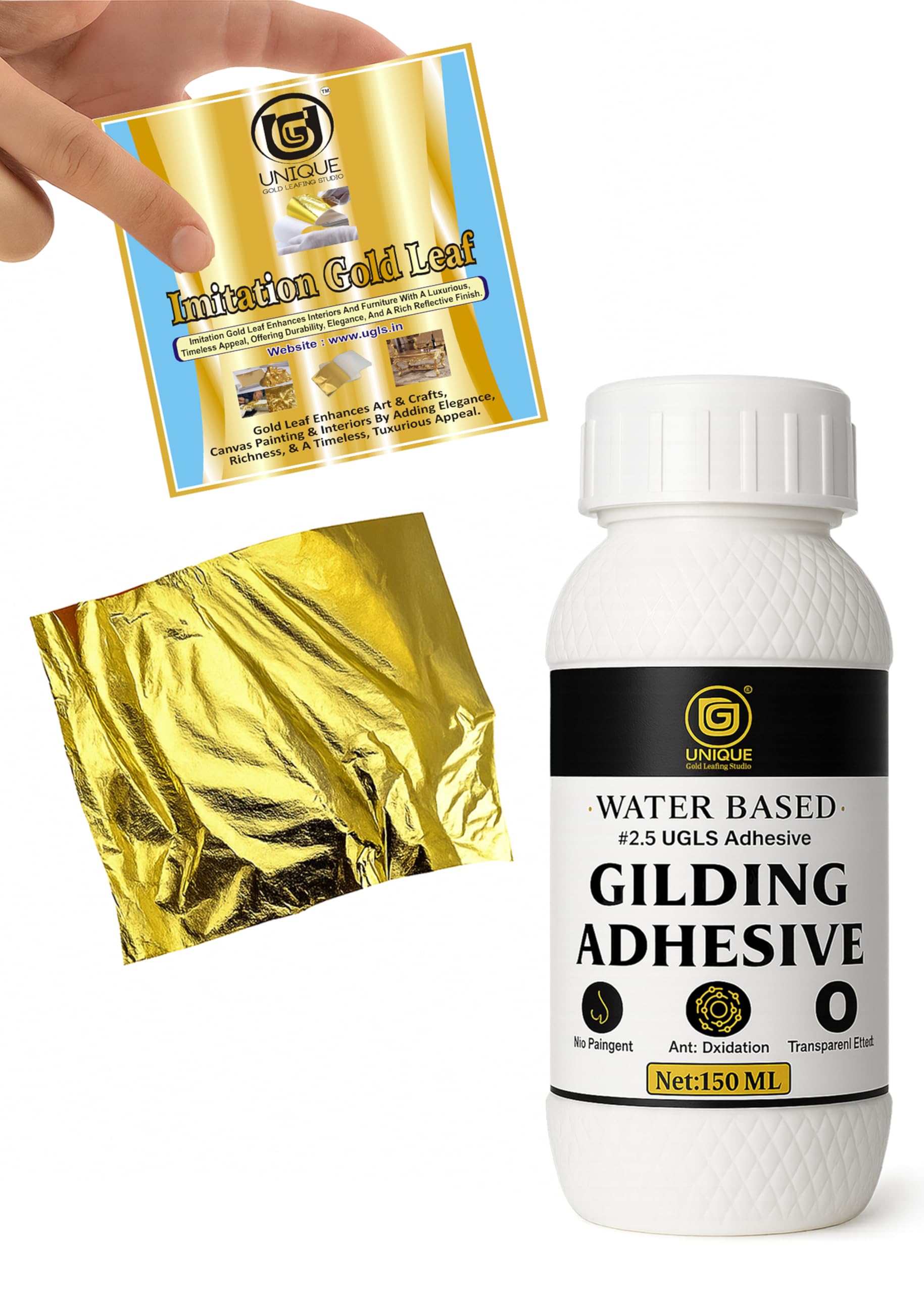 UGLS Gold Leaf Sheets, 100 Sheets, 8 by 8.cm Warq & Gilding Glue 100.ML - Golden Foil Paper for Gilding, Resin Art, Decoration Crafting, Maysur Paintings, Arts Crafts (Gold Leaf 8x8 & Glue-100 ML)