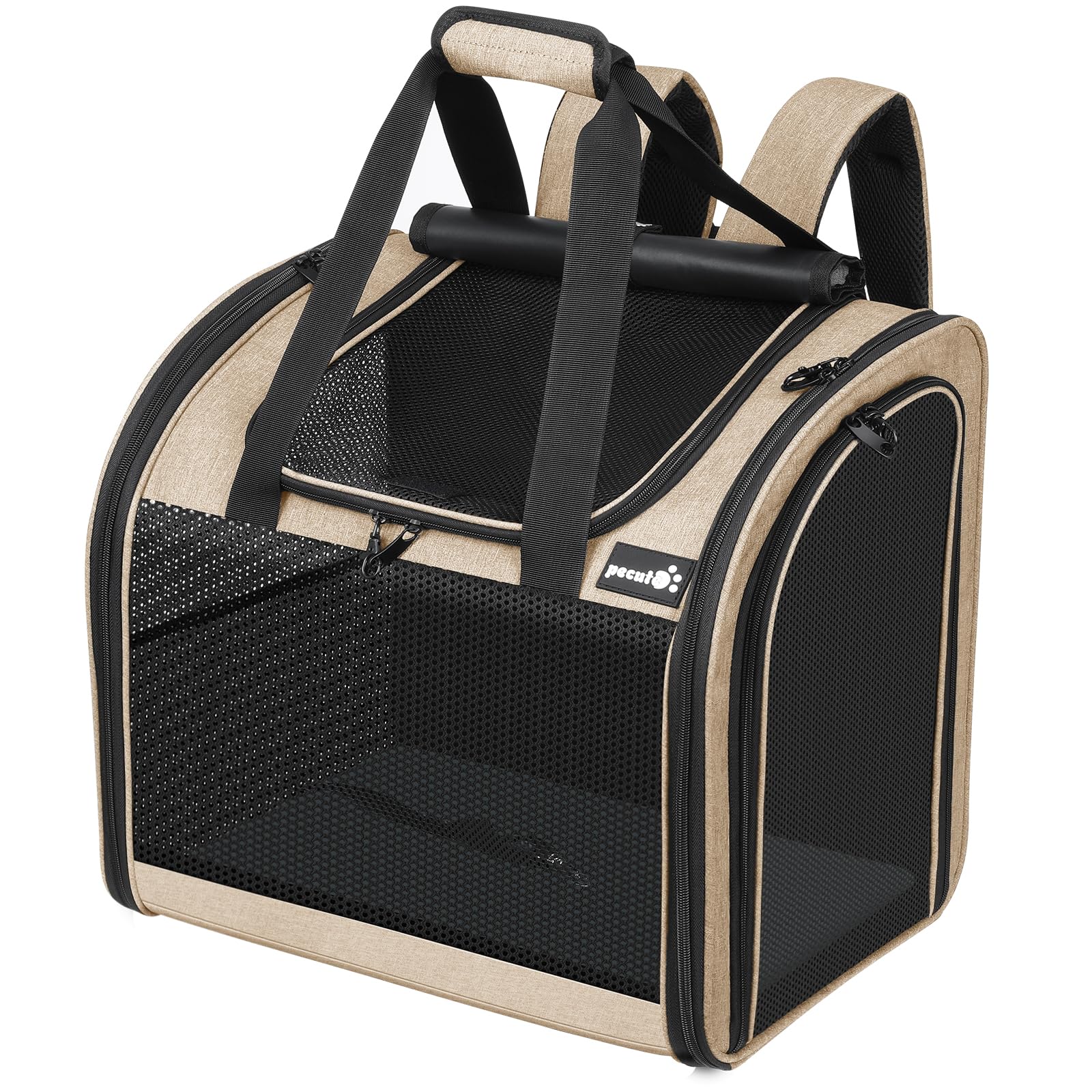 Pecute Zaino per Gatti & Cucciolo,con Disegno Ampliato e Design Ventilato, Pieghevole, con Cinghia di Sicurezza, Cachi