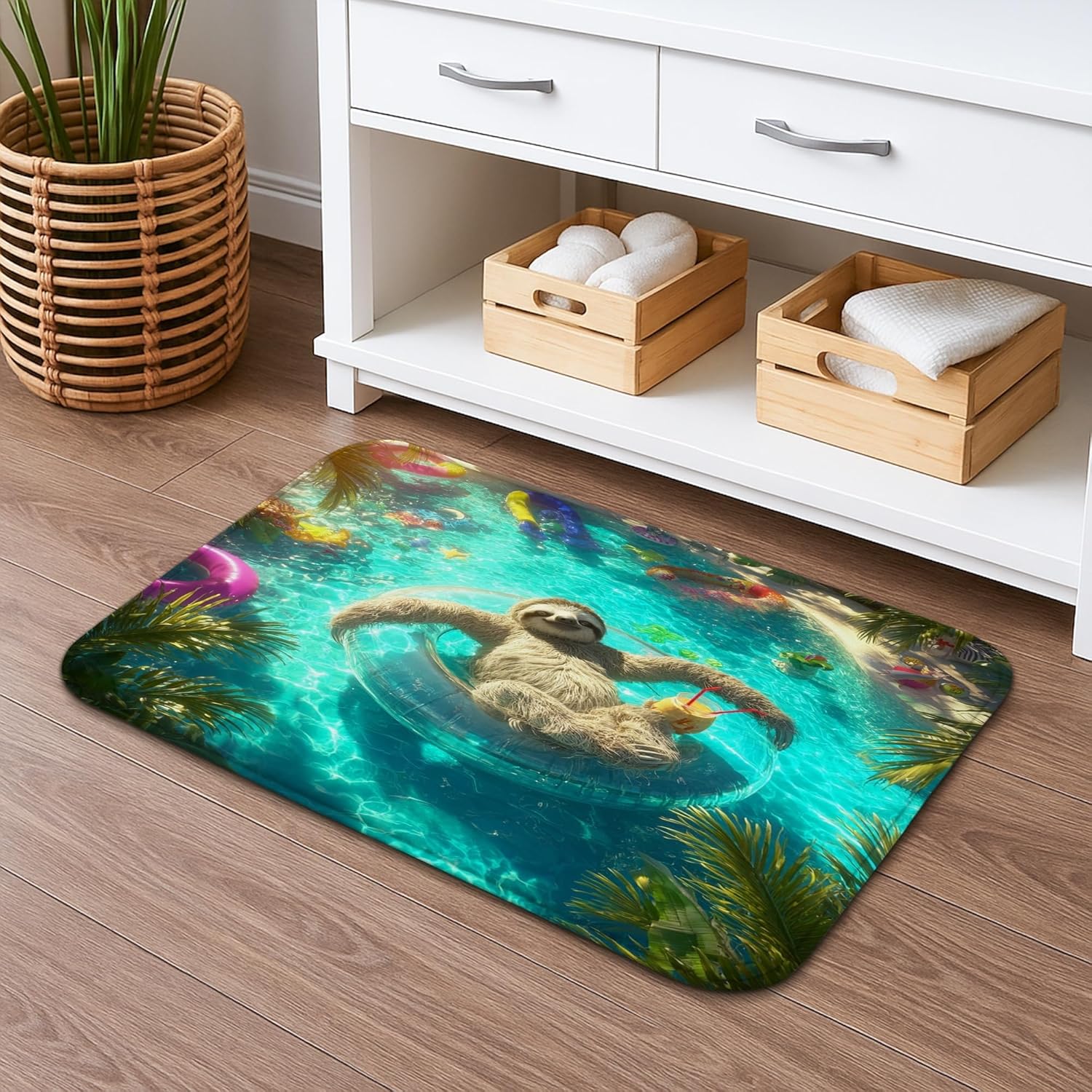 Summer Bathroom Mat Sets 3 Piece, Tropical Sloth Animals Fun Absorbent Non Slip Toilet Rugs U Shaped Washable, Vacation Beach Quick Dry Memory Foam Bathroom Rug Set