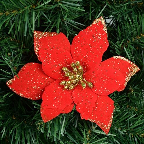 Miniatura 8 de Flores artificiales con brillos de 5 in para decoración navideña de bodas árbol de Navidad coronas ornamento rojo 6 unidades