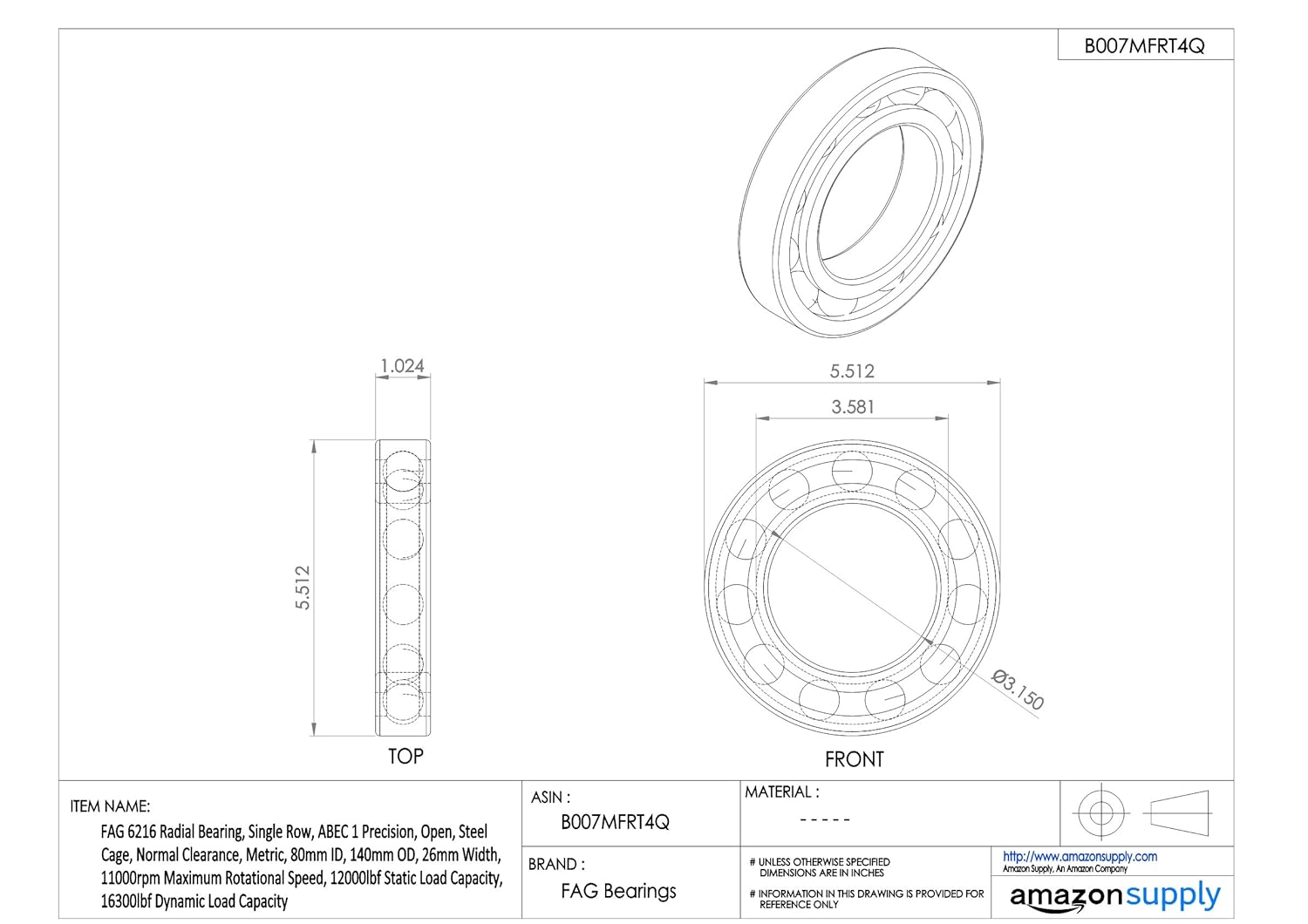 FAG Bearings 6216 Single Row Radial Bearing, ABEC 1 Precision, Open, Steel Cage, Normal Clearance, Metric, 80mm ID, 140mm OD, 26mm Width, 11000rpm