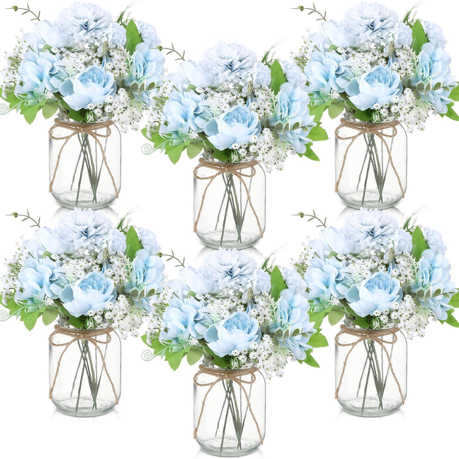 Zeyune 6 Sets Mason Jar Table Centerpiece with Hydrangea Artificial Flowers in Glass Vase Farmhouse Decorative Mason Jar Floral Arrangement for Coffee Table Wedding Living Room Home Decor(Blue)