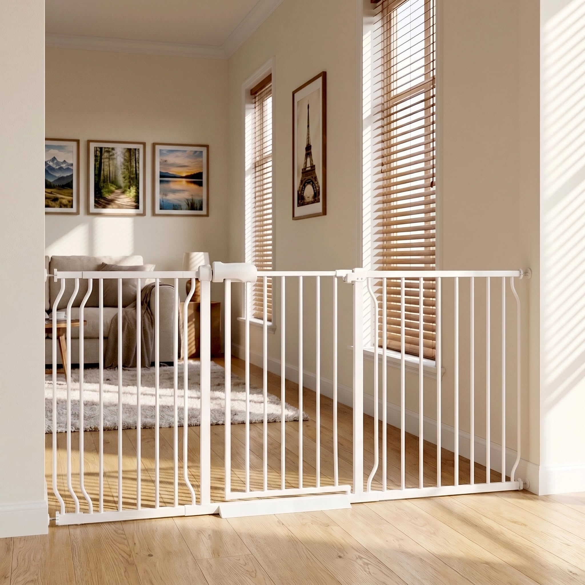 Heavy Duty Baby & Dog Safety Gate - Extra Wide 76.4-81.1 Inch, White Metal, Tension Mounted No Drilling Pet Gate for Stairs & Doorways, 30 Inch Tall