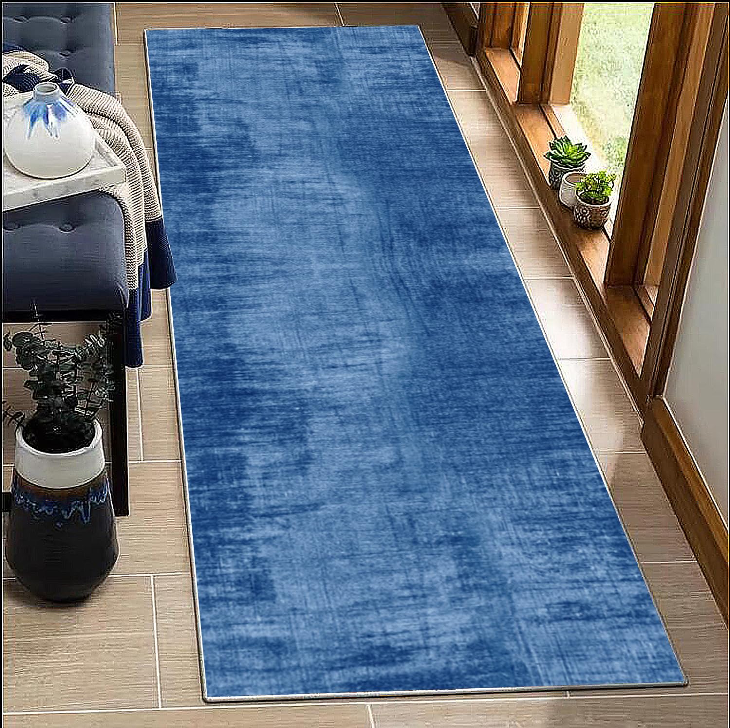 BORKOY Abstract Blue Carpet Runner 100x450cm – Non-Slip Hallway Rug Washable Kitchen Runner Mat Long Lasting Floor Cover for Entryway Corridor Living Room Bedroom Indoor Use
