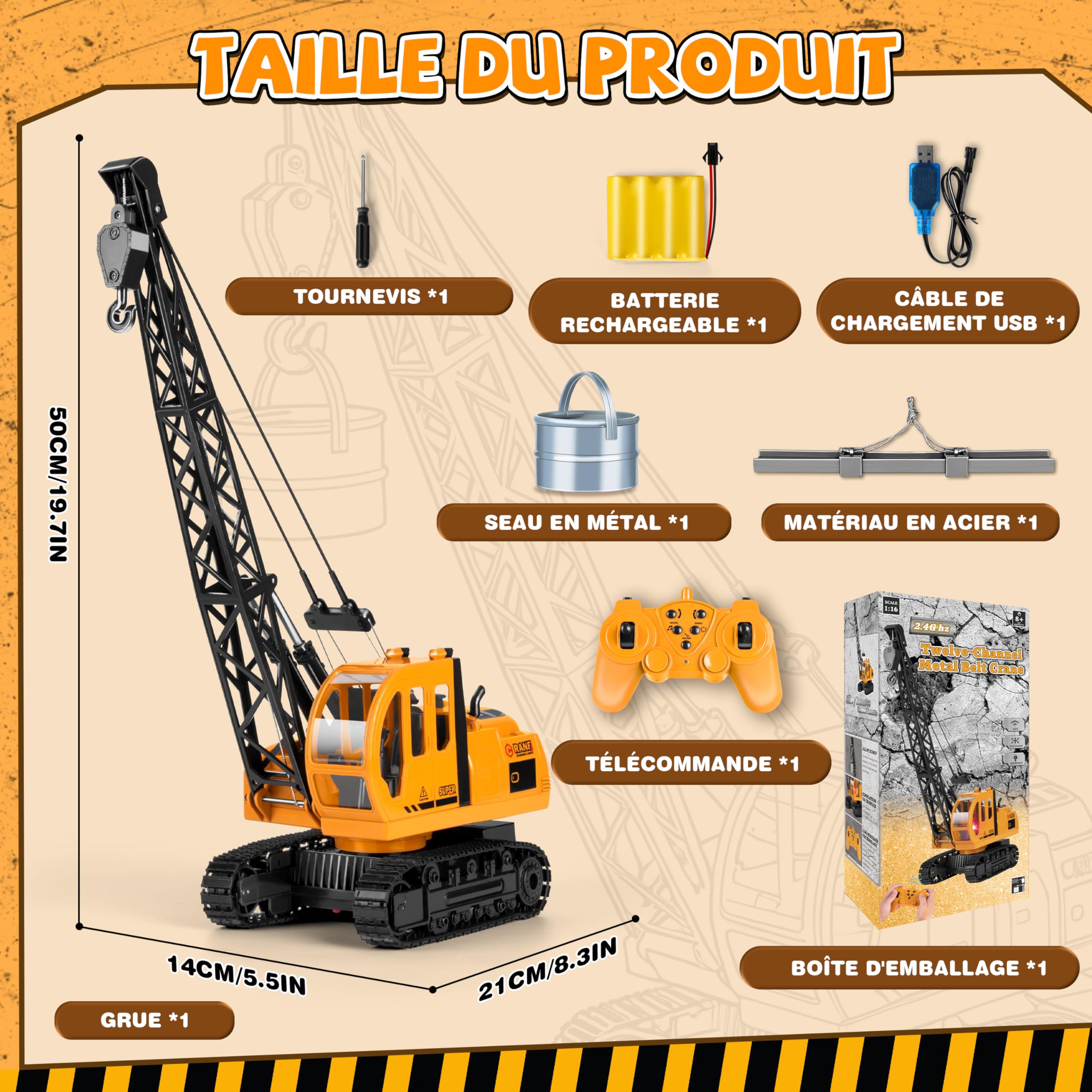 Joellfuner 1:14 Super Grande Grue Telecommandée, Grue Enfant 2,4G avec Lumières et Sons Réalistes, JouetGrue avec 2 Accessoires, Cadeau pour Enfants de 3 à 12 Ans (Très Grand)