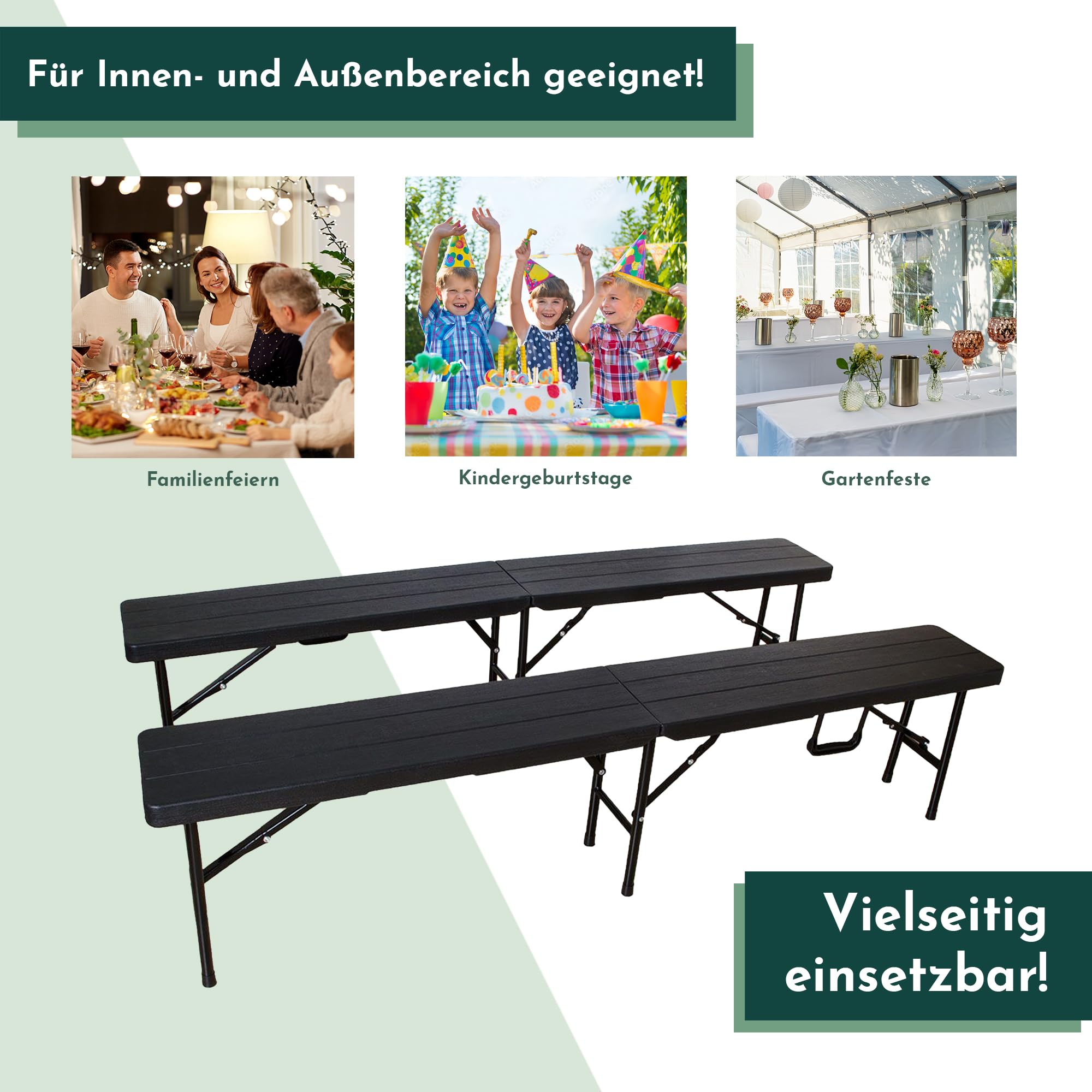 Lemodo Klappbank 2er Set – klappbare Bierbank 180 x 25 cm, bis 400 kg pro Bank belastbar, stabile Sitzbank für Garten, Camping und Feste, Holzoptik, platzsparend mit Tragegriff für 4 Personen