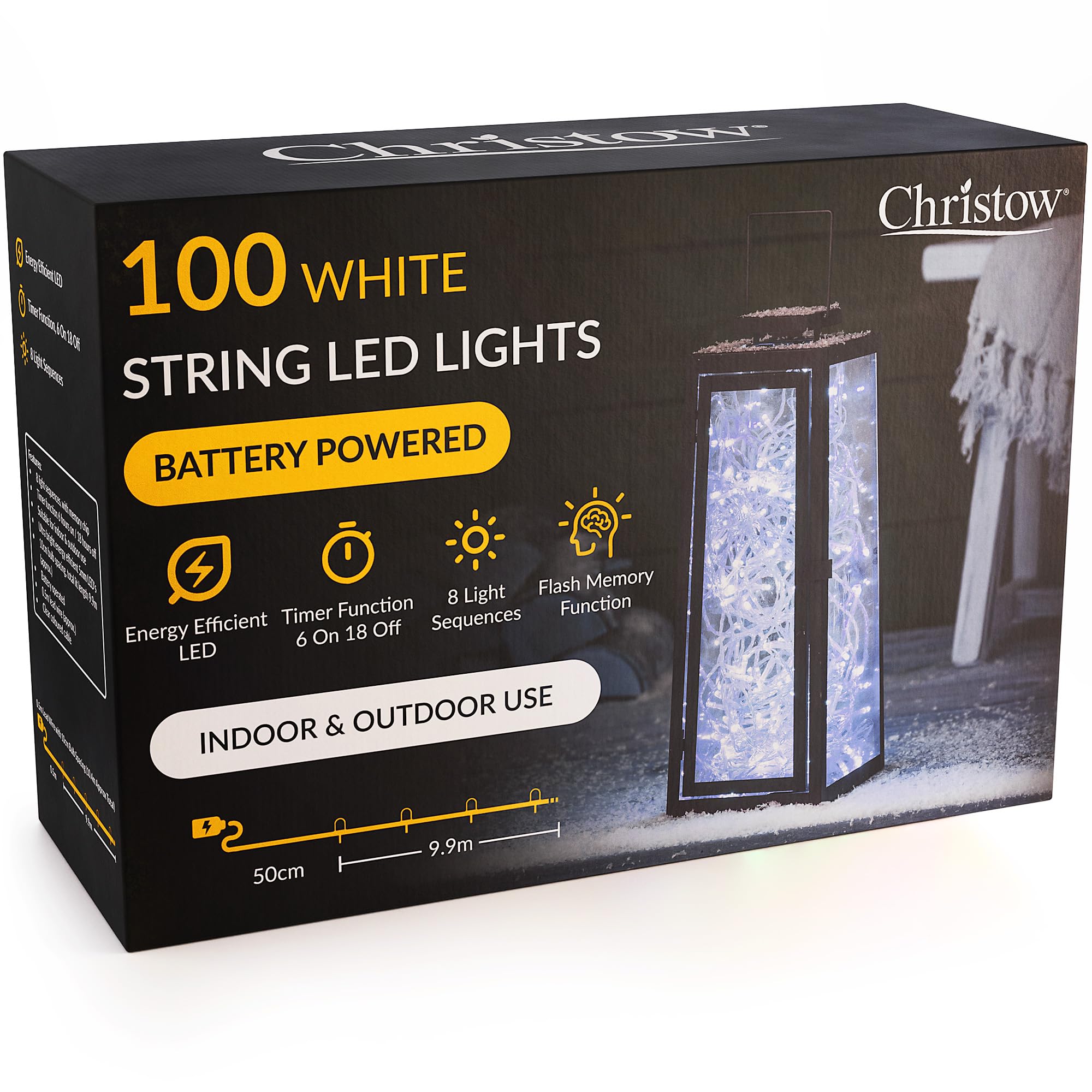 Christow White Christmas Fairy Lights Battery Operated, Led String Lighting With Timer, Indoor & Outdoor, 8 Light Modes Flashing & Static Glow, Clear Cable (100 Led / 10M Lit Length)