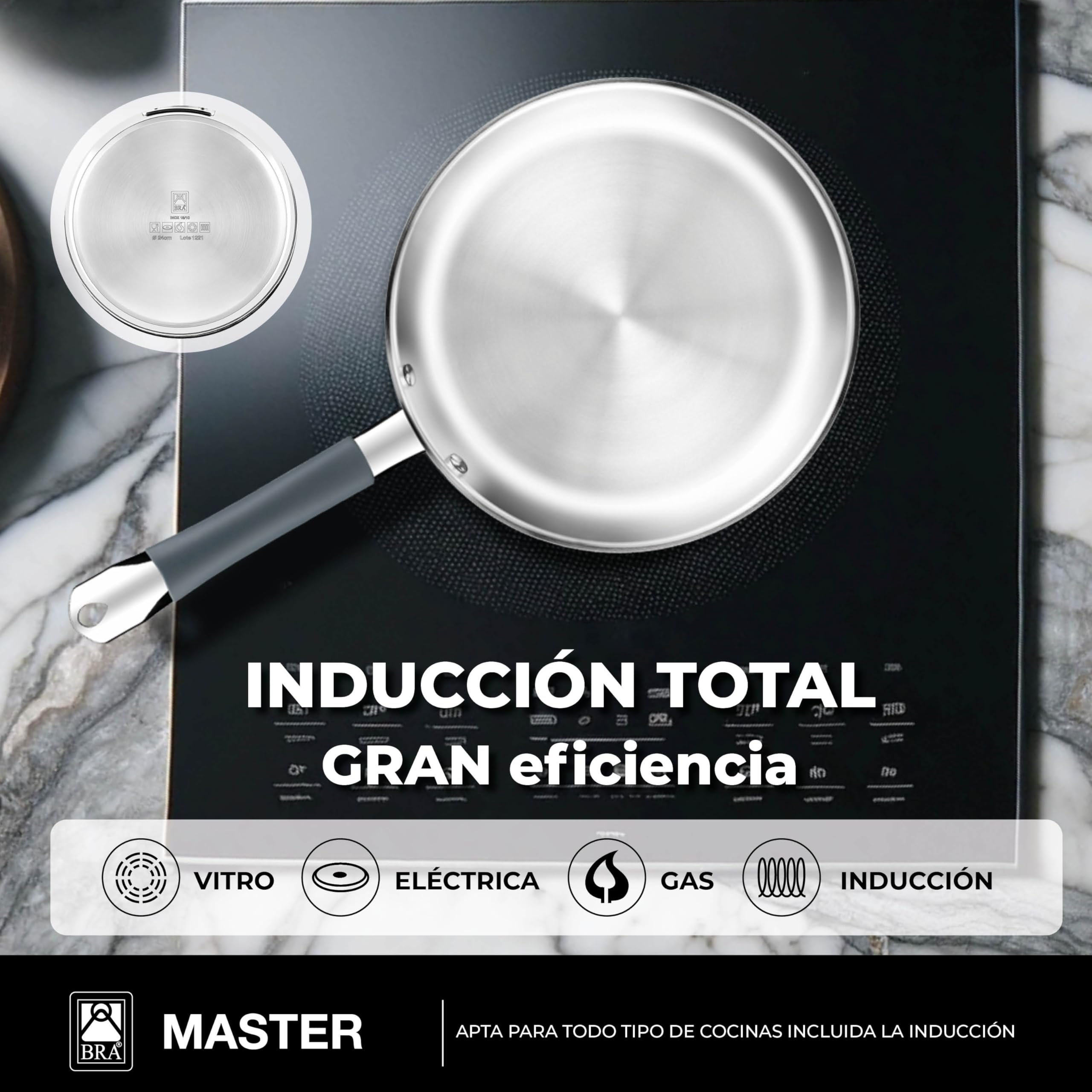 BRA Master | Sartén 26 cm, Acero Inoxidable, Sin Antiadherente, Sin PFOA, Full Induction, Apta para todo tipo de Cocinas, Mango acero inoxidable recubierto de Silicona — view 3