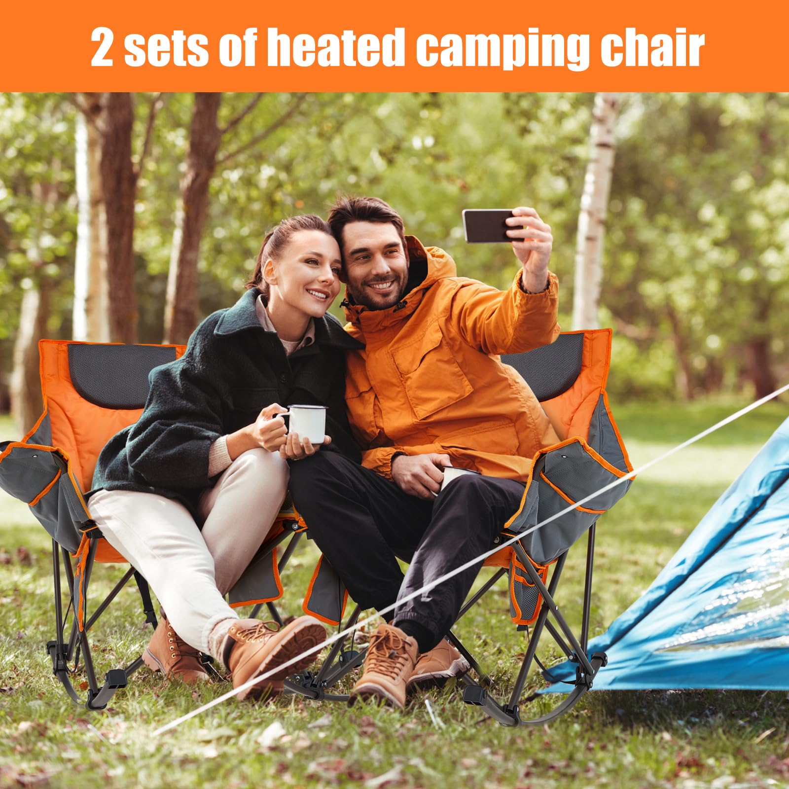 Suzile 2 Pcs Oversized Heated Camping Chair for Adults Folding Outdoor Rocking Heated Chairs with 3 Heat Levels Heavy Duty Portable Rocker Camp Chair Padded Recliner for Sport Outside Picnic Patio