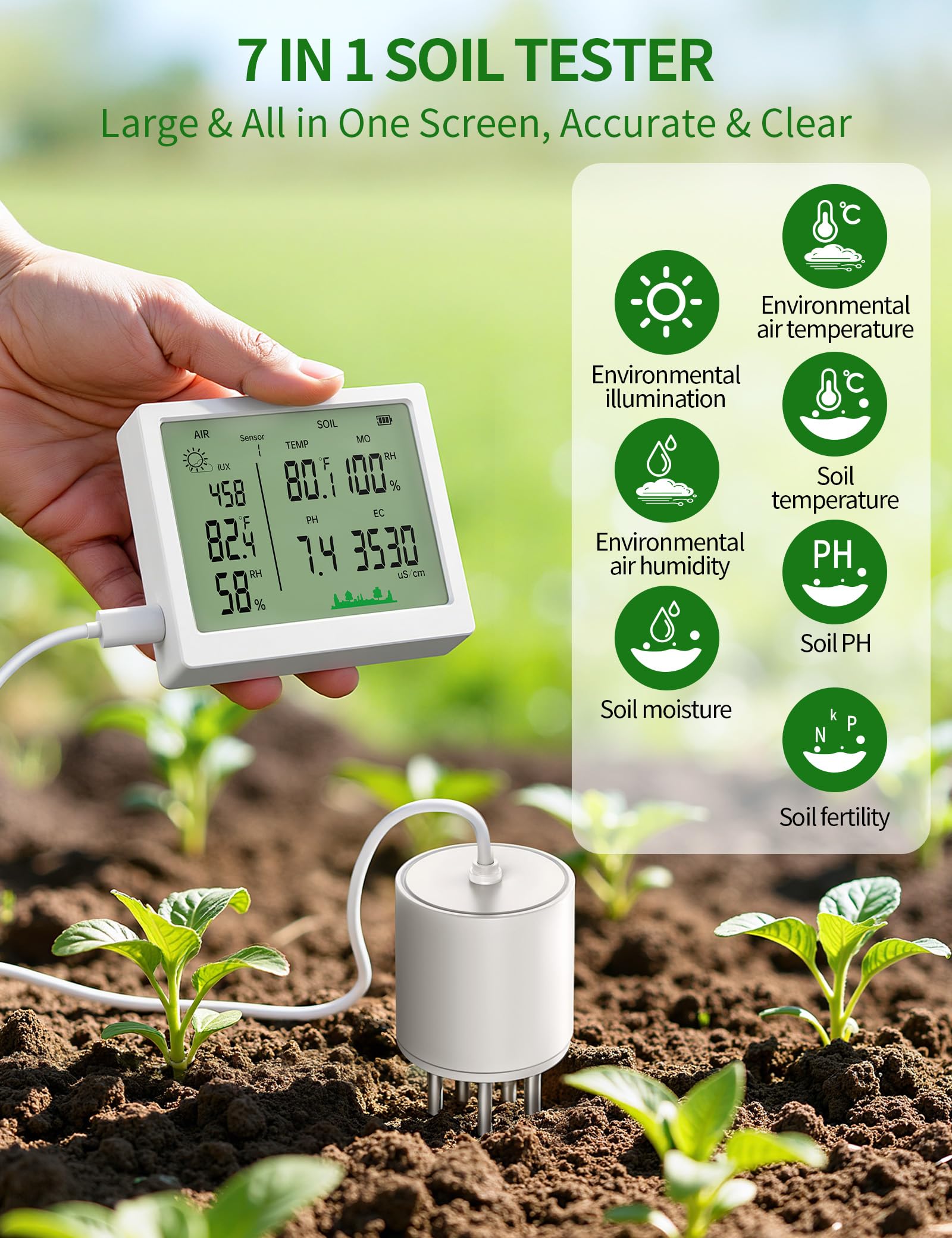 EXTSUD 7 in 1 Misuratore PH Terreno, Suolo Acqua Monito Misuratore di Termometro Terreno Misuratore Luce Solare Misuratore Fertilità Terreno Piante igrometro per Giardinaggio Agricoltura Piante