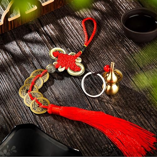 Miniatura 3 de 2 Pieces Chinese Coins Feng Shui and Brass Wu Lou Health Amulet Gourd Keychain Chinese Knot Lucky Charms Red String 2025 for Good Luck Fortune