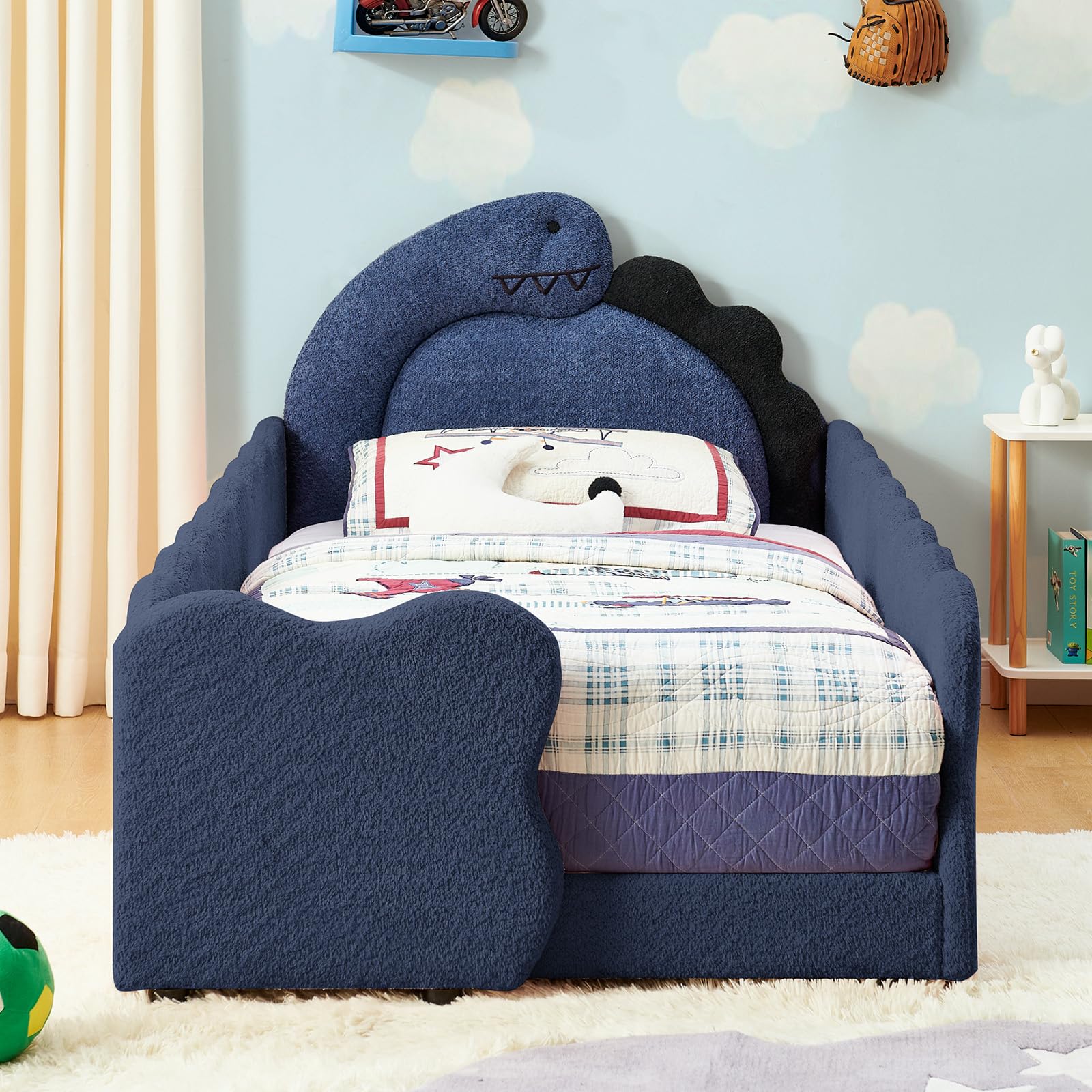 Twin Size Kids Bed with Dinosaur Headboard, Upholstered Boucle Fabric Twin Daybed with Slats Support &amp; Side Pocket, Space-Saving Wooden Corner Sofa Couch Day Bed Frame for Girl, Boy, Teenager(Blue)
