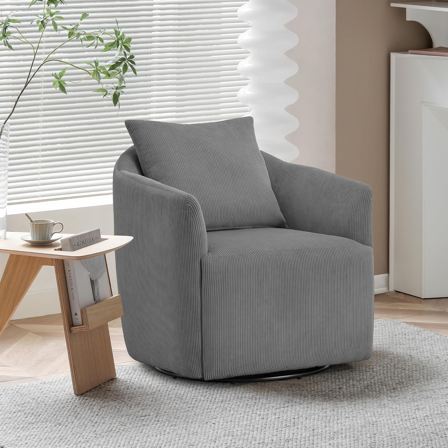 Simple Deluxe Swivel Barrel Chair with Pillow, 360° Upholstered Accent Swivel Chair in Corduroy, Modern Armchair Ideal for Living Room, Bedroom, Vanity and Office, Fully Assembled, Gray Grey