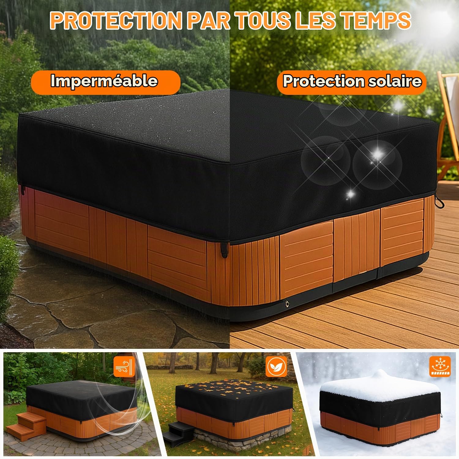 Housse De Protection Spa Couverture,Bache Spa ImperméAble,Tissu Oxford 420D,Bain à Remous Étanche à la poussière et aux UV Coupe Vent - Noir (220 * 220 * 25 cm)