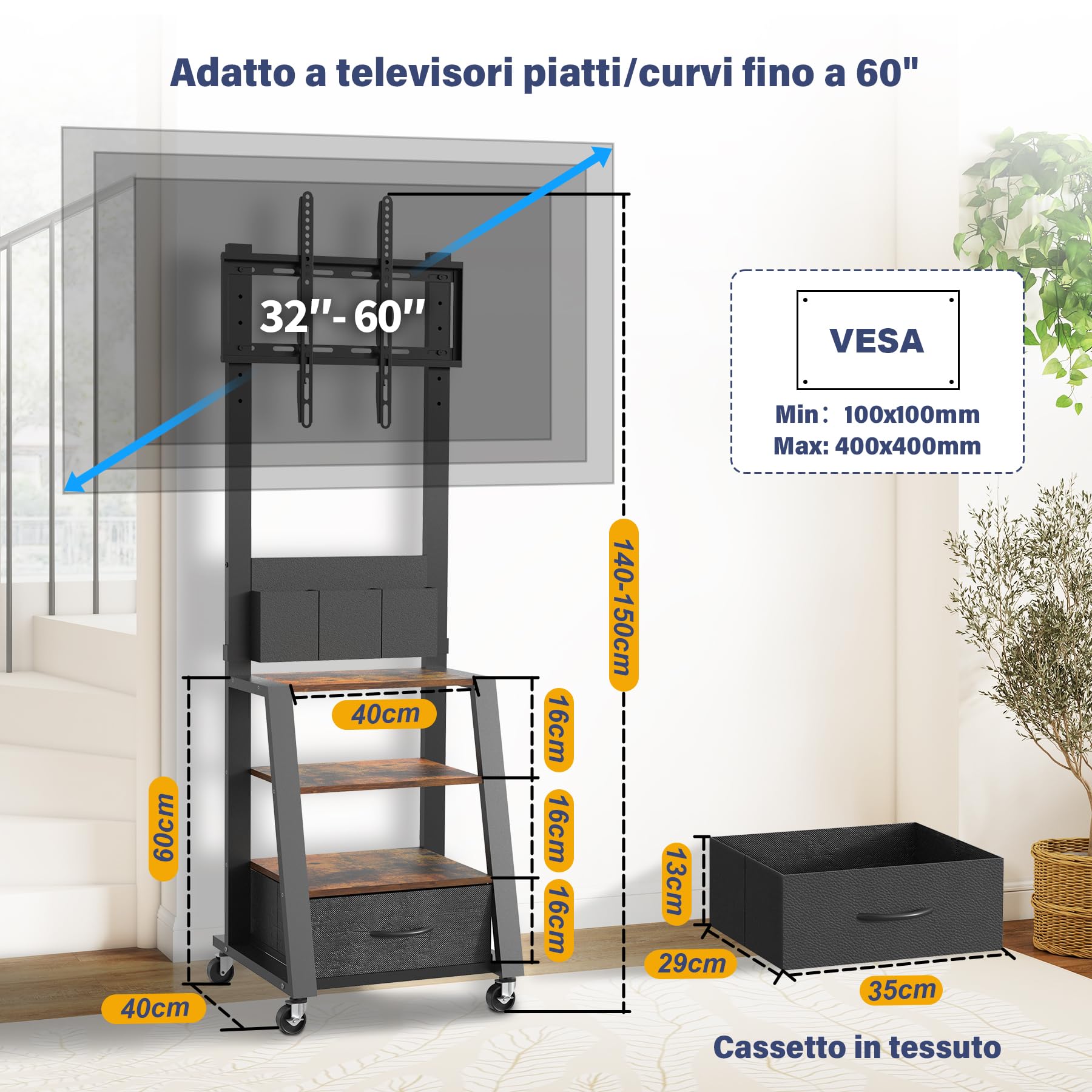 Mobile porta TV con ruote, cassetto e 3 ripiani per TV piatti/curvi da 23"-60", mas 72 kg, per LCD/LED/OLED. Carrello mobile con altezza regolabile per casa, ufficio e esterni, VESA mas 400x400mm