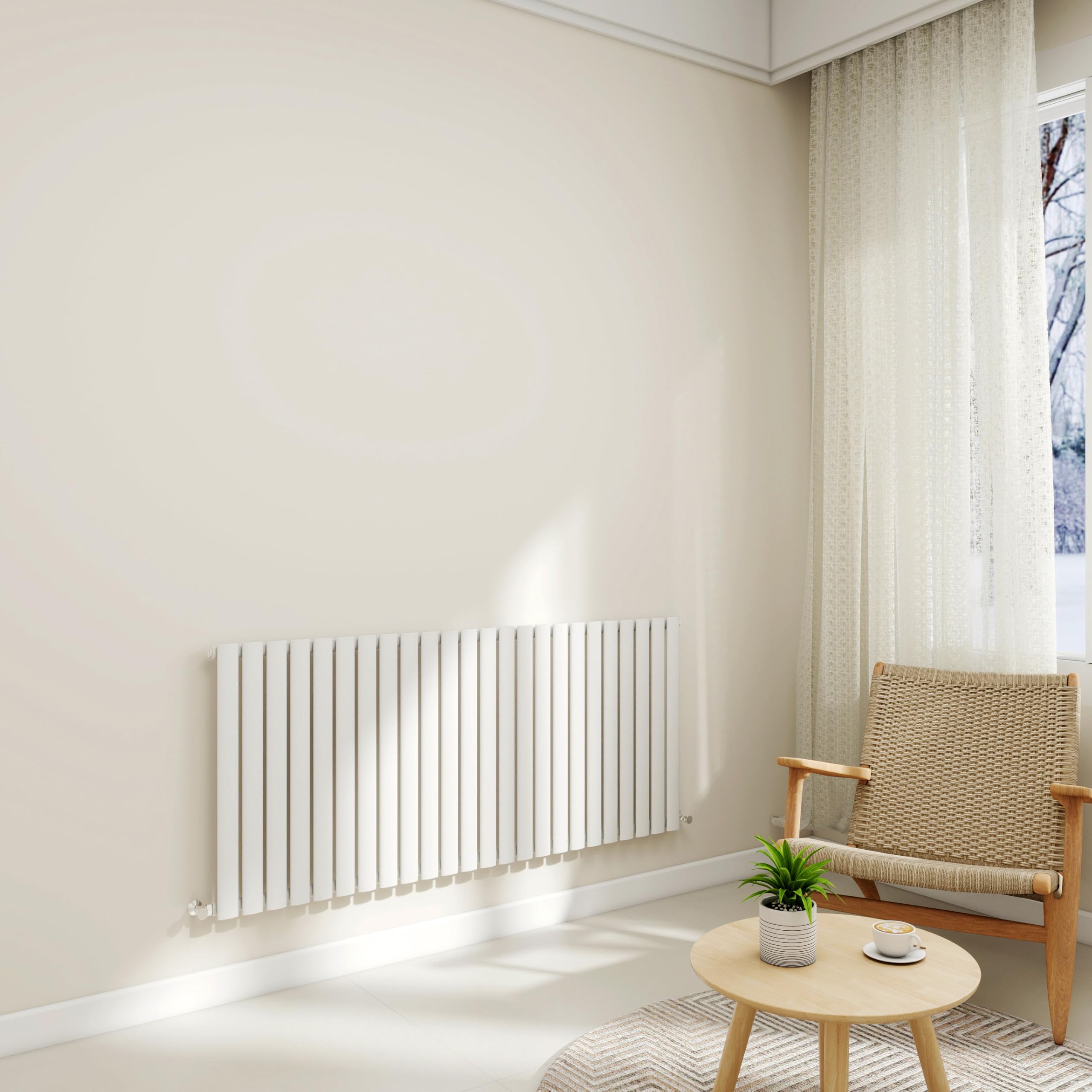 Horizontal Stylish Traditional Column Radiator, 600x1416mm Gloss White Radiator Oval Column, Single Panel Modern Radiator for Bathroom/Living Room, Office, Central Heating Heater Rads