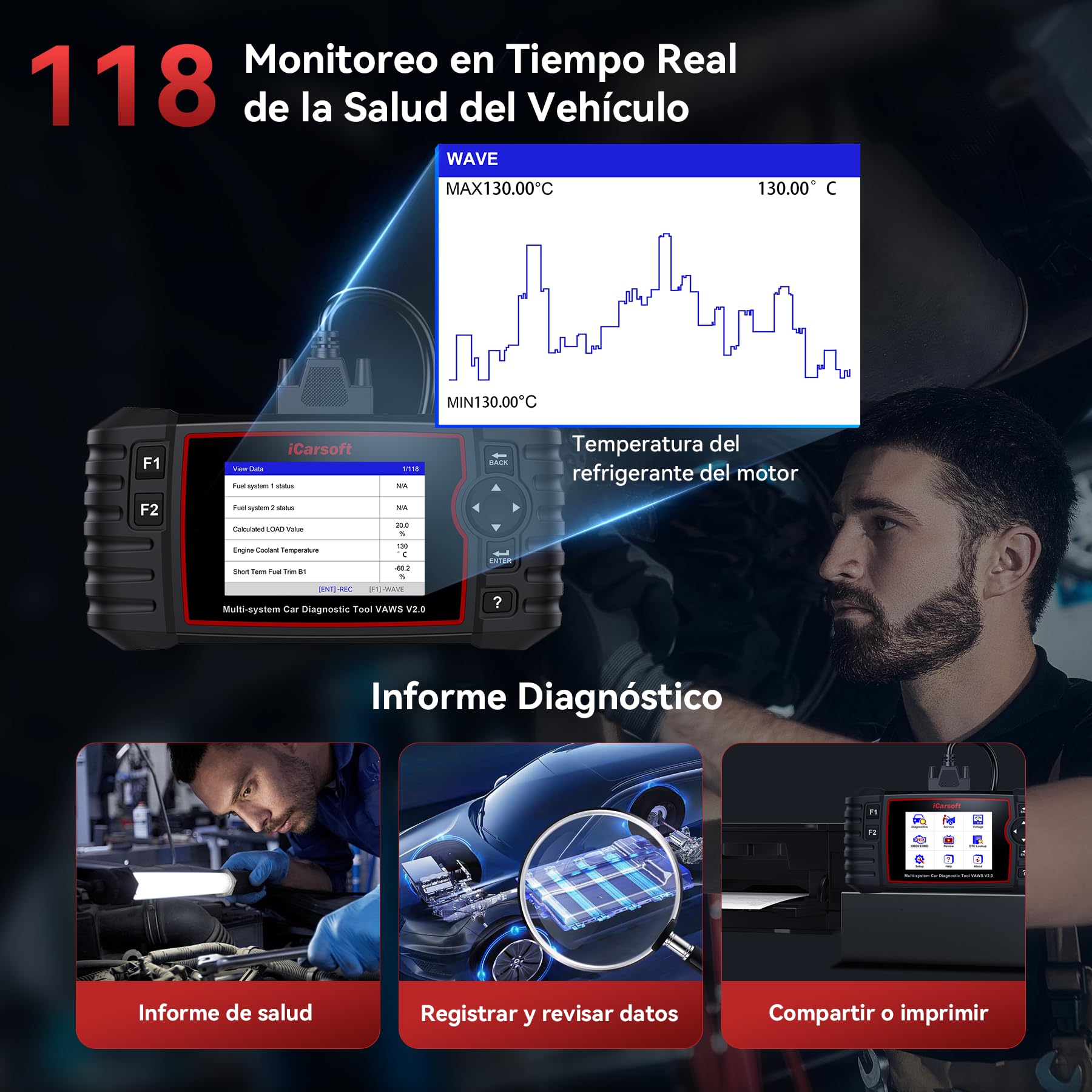 iCarsoft VAWS V2.0 OBD2 Máquina Diagnosis Coche para VW/AU.DI/Skoda/Seat, Escáner de Todo el Sistema, Detector Fallos Coche con 9 Funciones Reinicio, Prueba de Batería, Actualización de por Vida