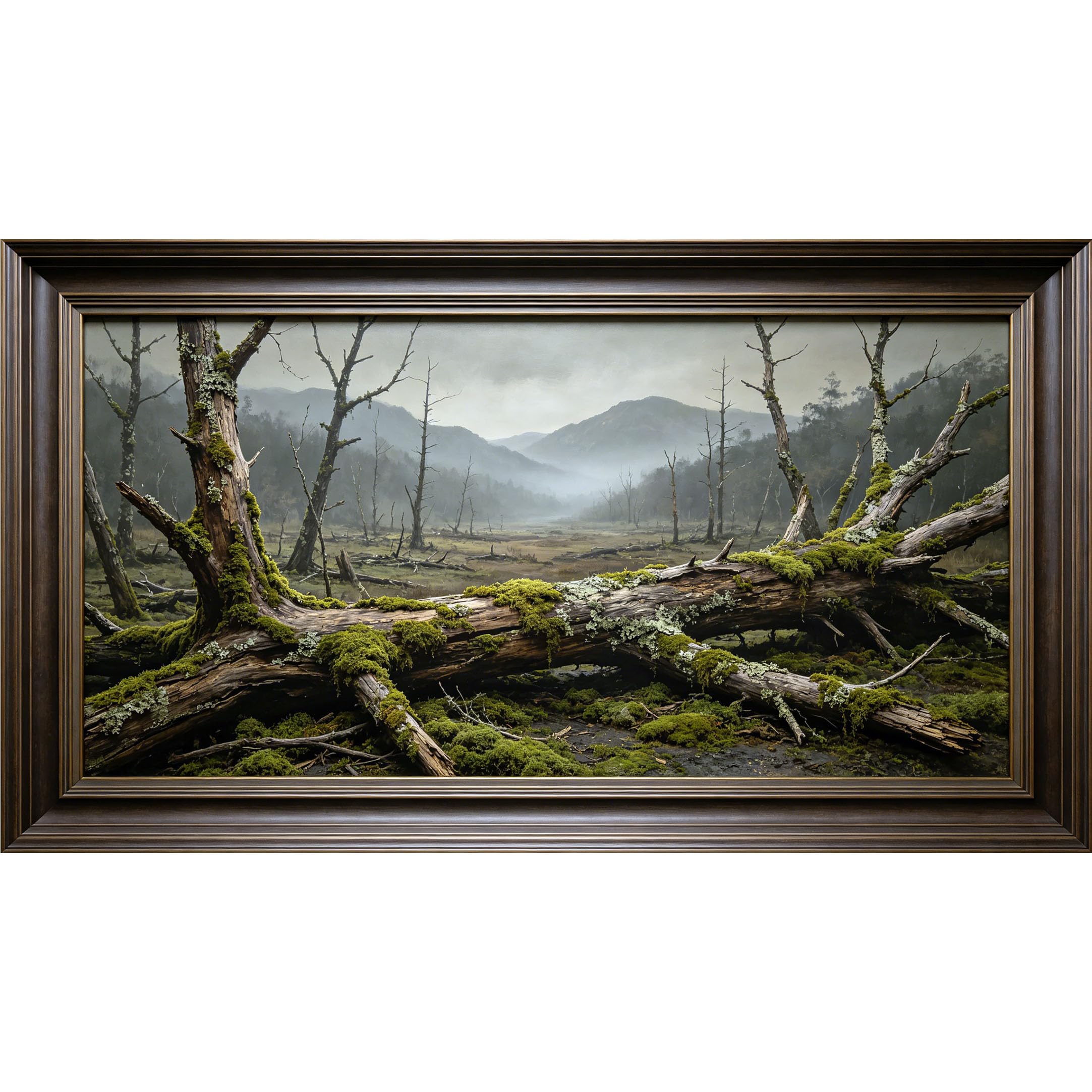 QZLITHOTIC 50×90cm3D Framed Wall Art， Misty Forest Mossy Log Landscape Self?Adhesive Mural， Water?Activated Peel & Stick Fabric Decor Wall Decal for Bedroom Living Room