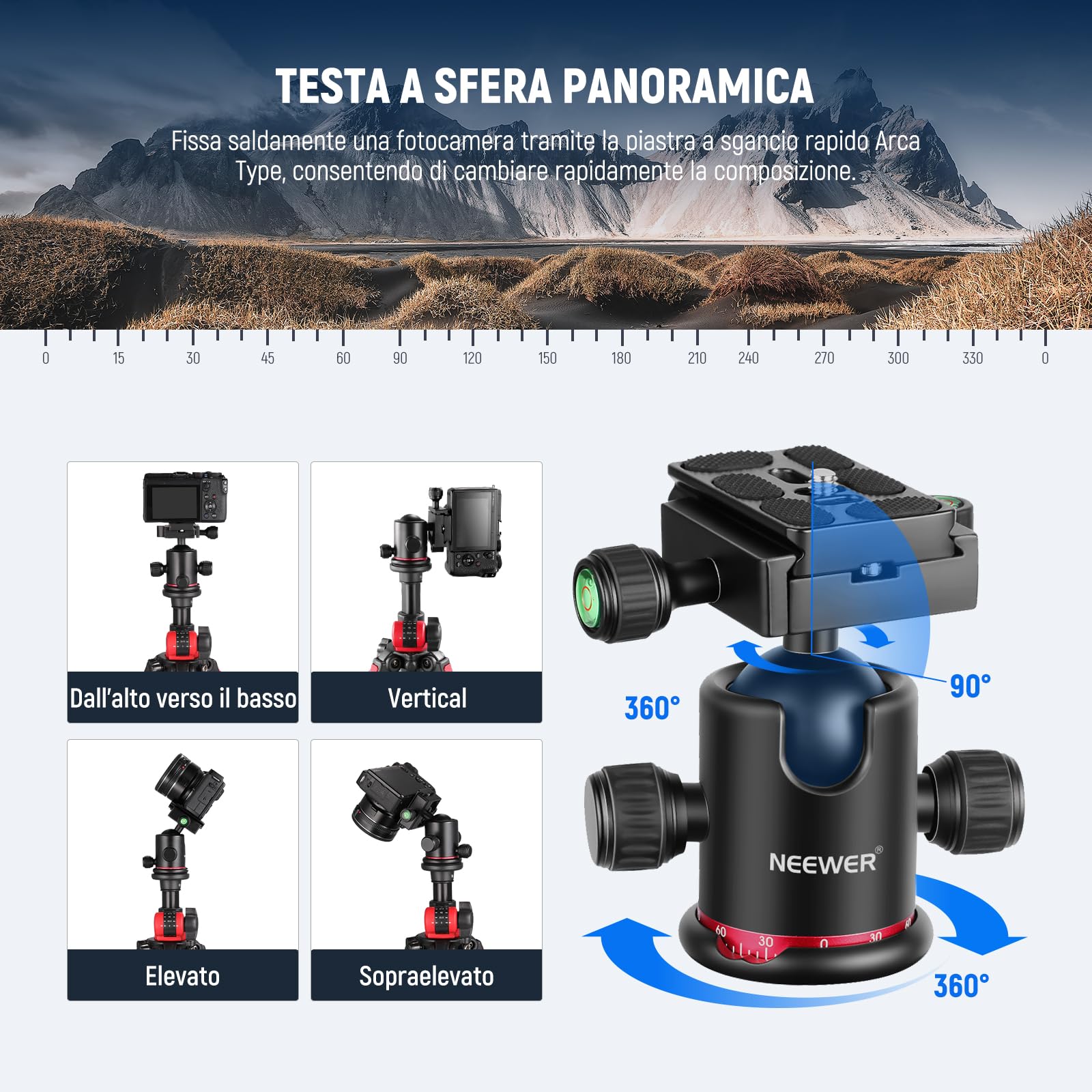 NEEWER 184cm Treppiede Monopiede per Fotocamera con Colonna Centrale e Testa a Sfera in Alluminio, Piastra QR Tipo Arca, Borsa, Treppiede Braccio Orizzontale per Fotocamera DSLR, Videocamera, Max 33lb