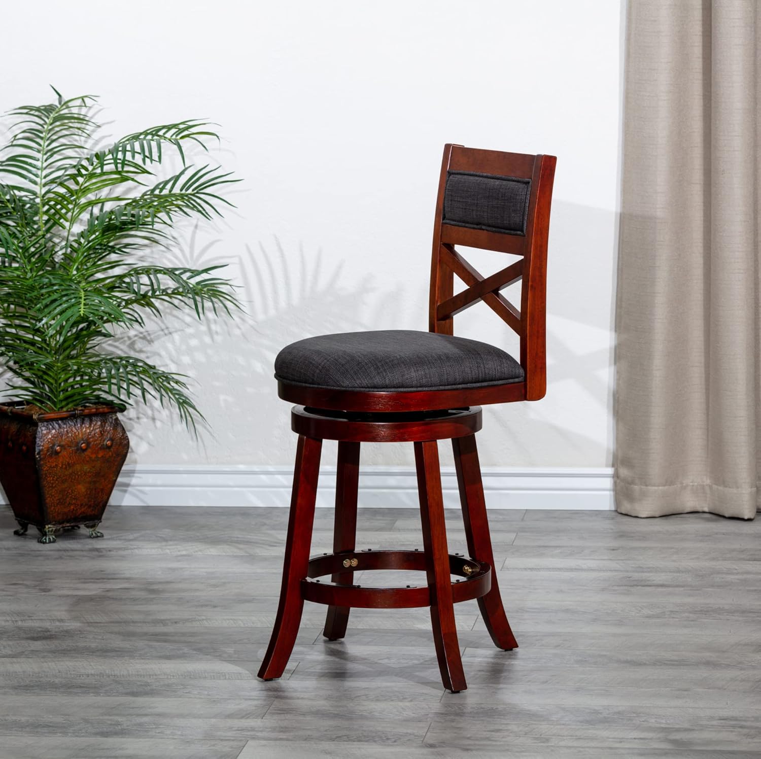 DTY Indoor Living Meeker 24 Inch Counter Height Bar Stools with Backs - Wooden Swivel Counter Stools for Kitchen Island - Charcoal Fabric Seat, Solid Wood Frame, Cherry Finish