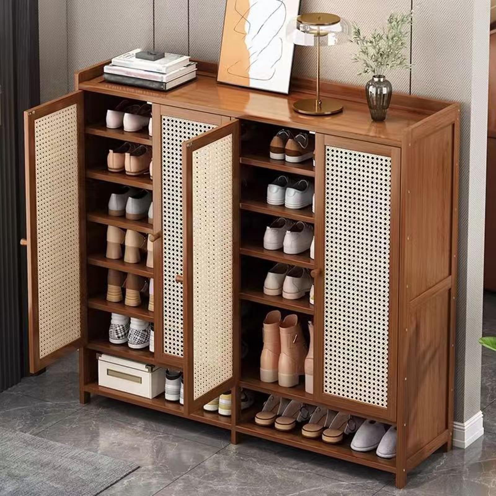 Meuble à chaussures en bambou à 8 niveaux avec portes en rotin, robuste et ventilé, étagère à chaussures de couloir, facile à assembler, bambou naturel pour salon et chambre à coucher