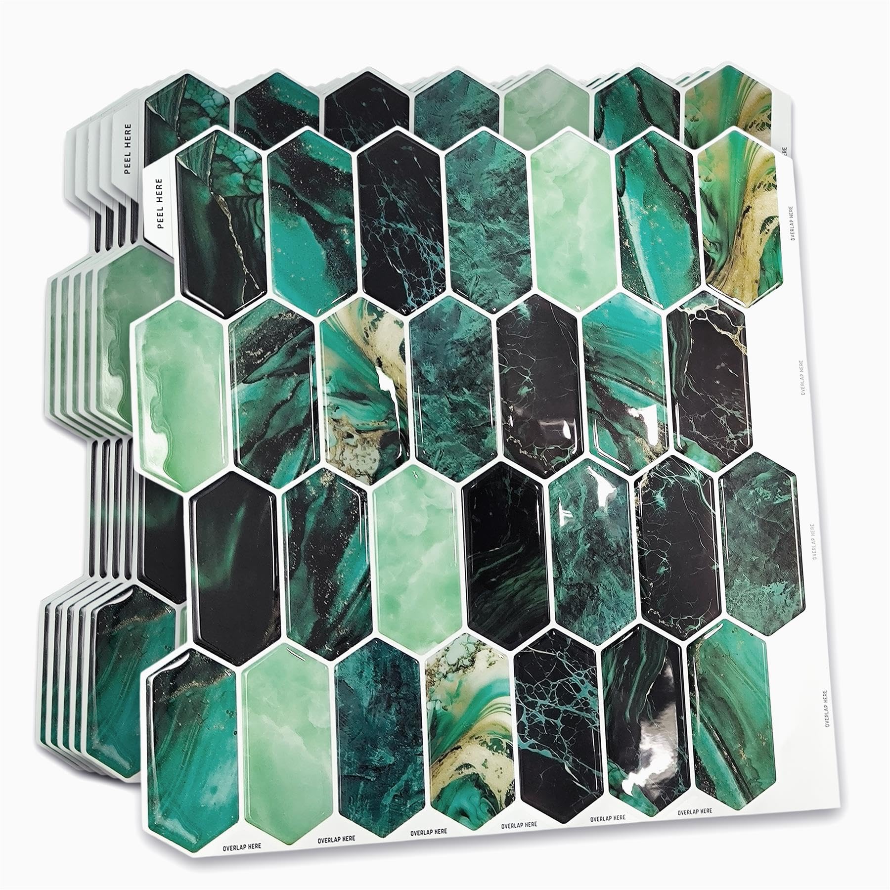 WALPLUS 3D Green Stick on Tiles Self Adhesive Tile Stickers for Kitchen 30.5 x 30.5 cm(12") Stick on Bathroom Tiles Removable Backsplash for Kitchen Hexagon Honeycomb 3D Wall Tile Glossy 6-Sheets