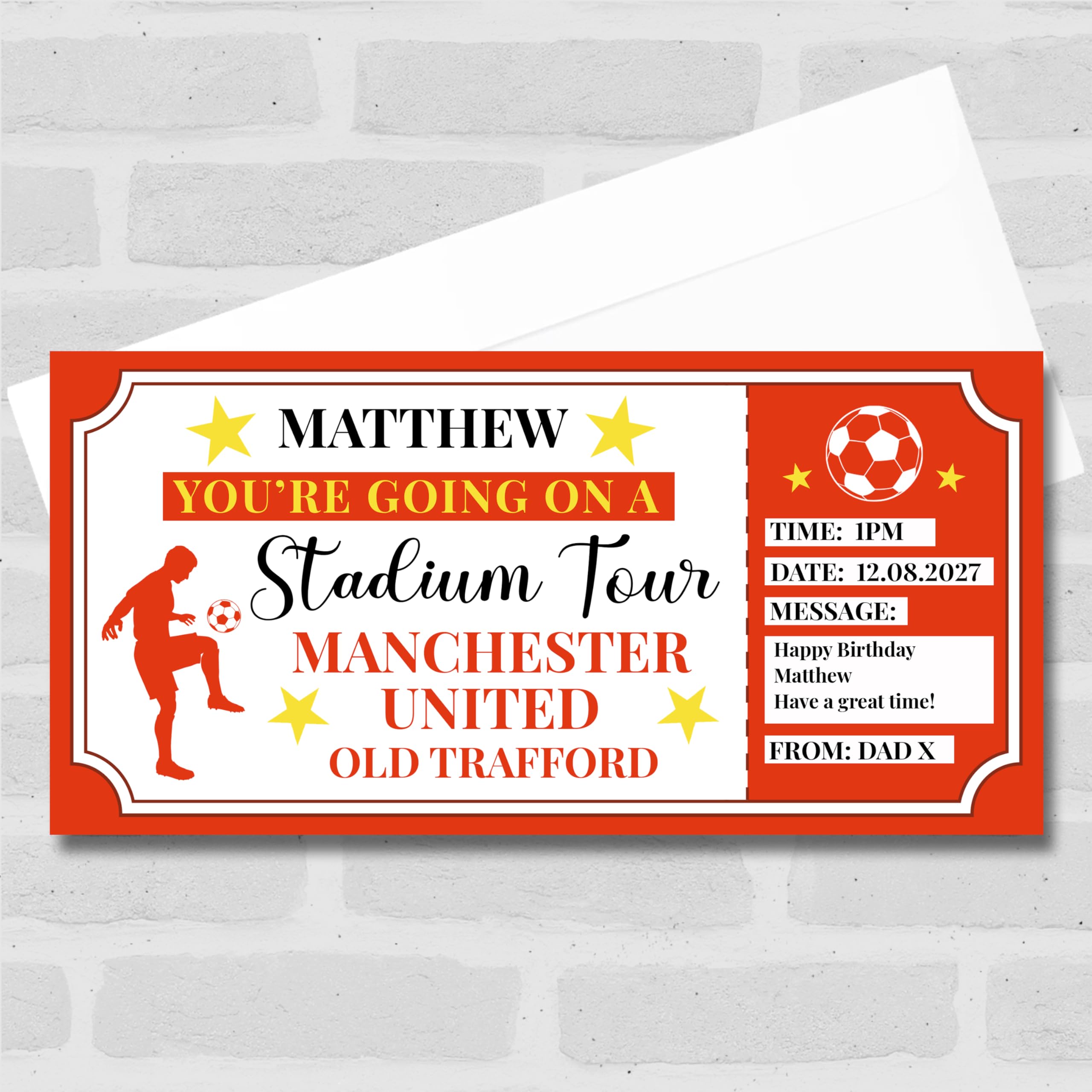 Greetings Card - Football Stadium Tour Red Personalised Gift Voucher Surprise Ticket | Custom Greetings Card | Surprise Reveal Voucher Spoof Ticket