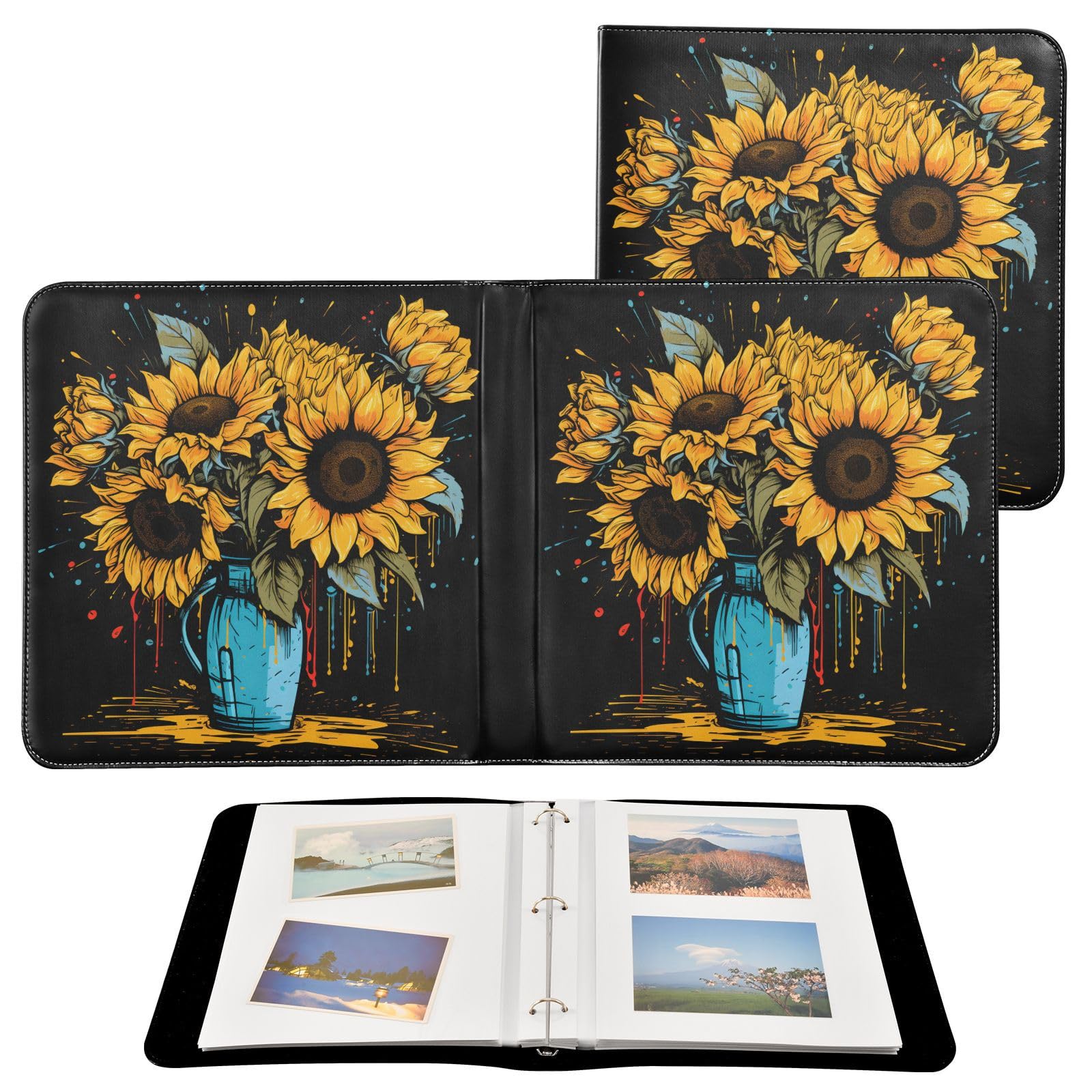 JIPONI Sunflowers Pot Large Photo Album, DIY Leather Cover Scrapbook Albums for 4x6 5x7 6x8 Pictures, Self Adhesive Memory Book for Wedding, Baby, Family