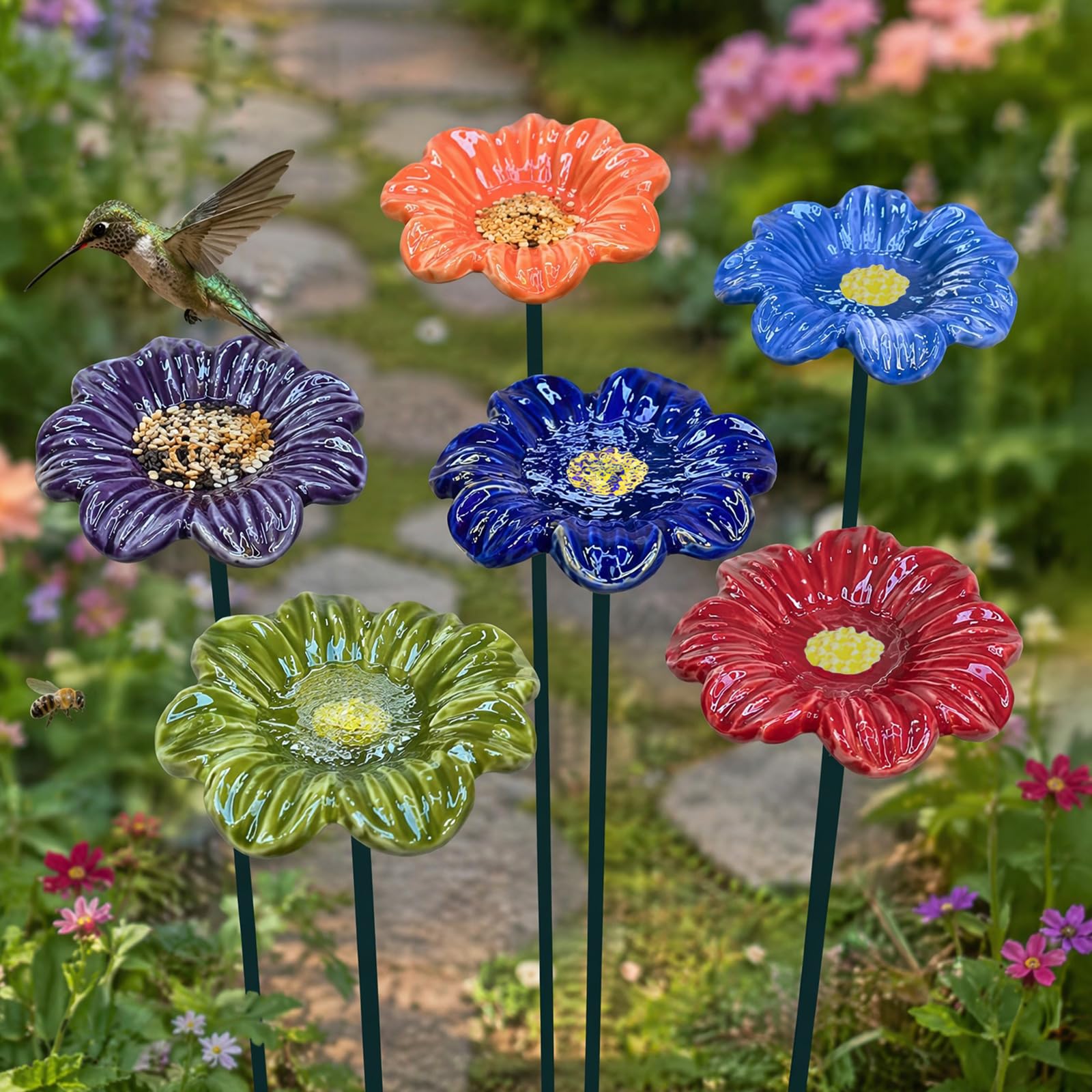 Handmade Ceramic Bee Watering Station, 4 Flowers Shaped Bee Drinking Cups, Colorful Flower Bees Water Feeder & Butterfly Bird Bath Feeder Bowls for Outdoor Garden Lawn Yard Patio Decor
