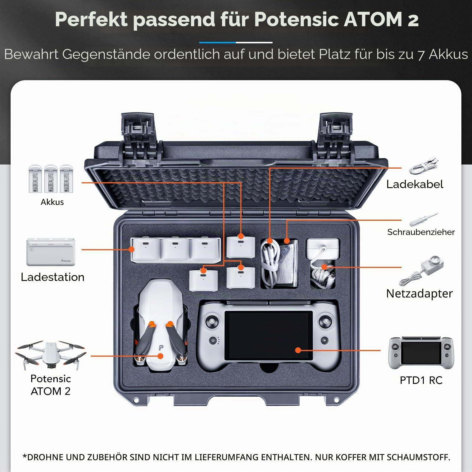Lykus Titan AM110 Wasserdicht Tasche/Koffer/Case für Potensic Atom 2 und PTD 1 RC,Unterstützt 7 Akkus[NUR Koffer]
