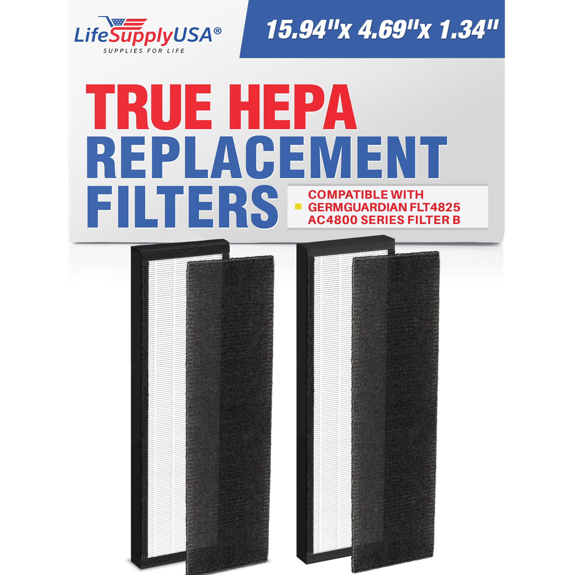 FLT4825 Filter B Replacement Compatible with GermGuardian AC4825, AC4300, AC4900, AC4850, AC4800 Series Air Purifiers HEPA + Carbon Pre-Filter Set by